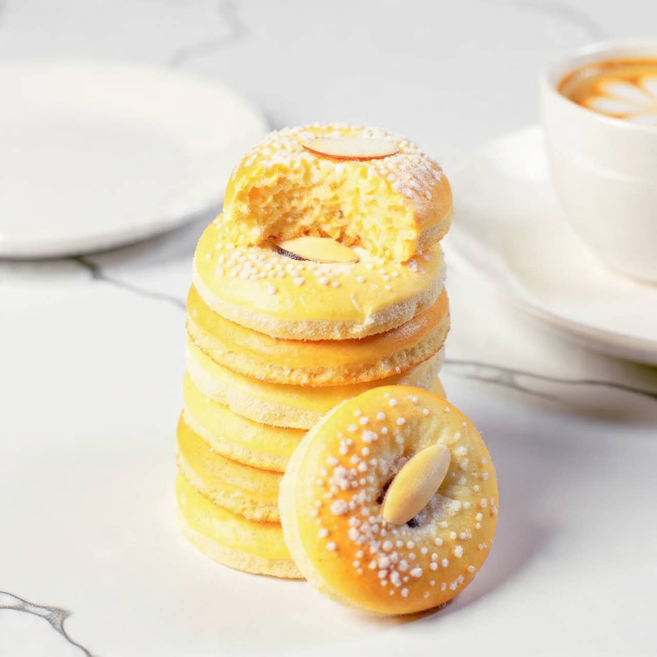 A close-up shot of several round, pale beige cookies stacked on a white surface with a white marbled texture. Each cookie is coated with a light dusting of white powdered sugar and topped with a single thin, white almond slice. One cookie near the top is broken in half, showing a soft, crumbly inside with a slightly rough texture. The cookies have slight cracks on their smooth surface, adding a rustic look. In the blurry background, a white plate with a subtle pink design is partially visible. photo taken with an iphone --ar 4:5 --v 7
