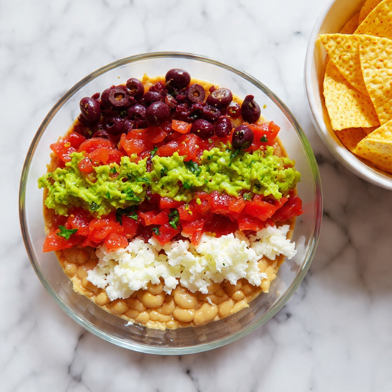 A clear round bowl shows a layered dip with five visible layers. The bottom layer is light brown refried beans with a smooth texture. On top is a thick white creamy layer with green herbs mixed in. Above that, there is a layer of mashed green avocado with herbs. Next is a bright red layer of finely chopped tomatoes. The top layer is dark chopped olives sprinkled with small green cilantro pieces. The bowl is on a white marbled surface next to a white bowl filled with light yellow tortilla chips. Photo taken with an iphone --ar 4:5 --v 7
