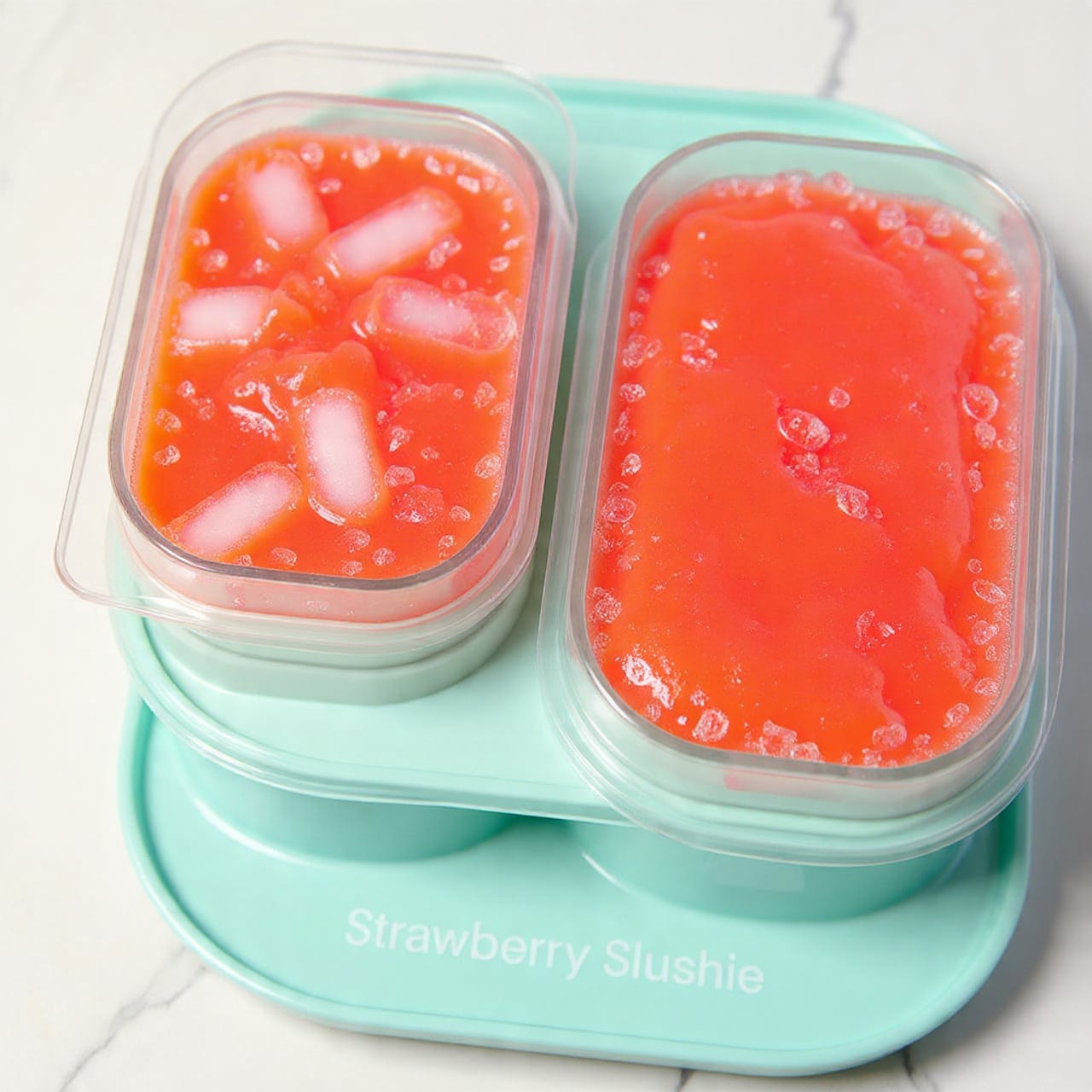 The image shows a close-up of two rectangular compartments filled with bright red strawberry slushie, having a smooth and slightly icy texture with small shiny droplets on the surface. The compartments are part of a light blue silicone mold, placed on a clear plastic lid that has a white label with handwritten text