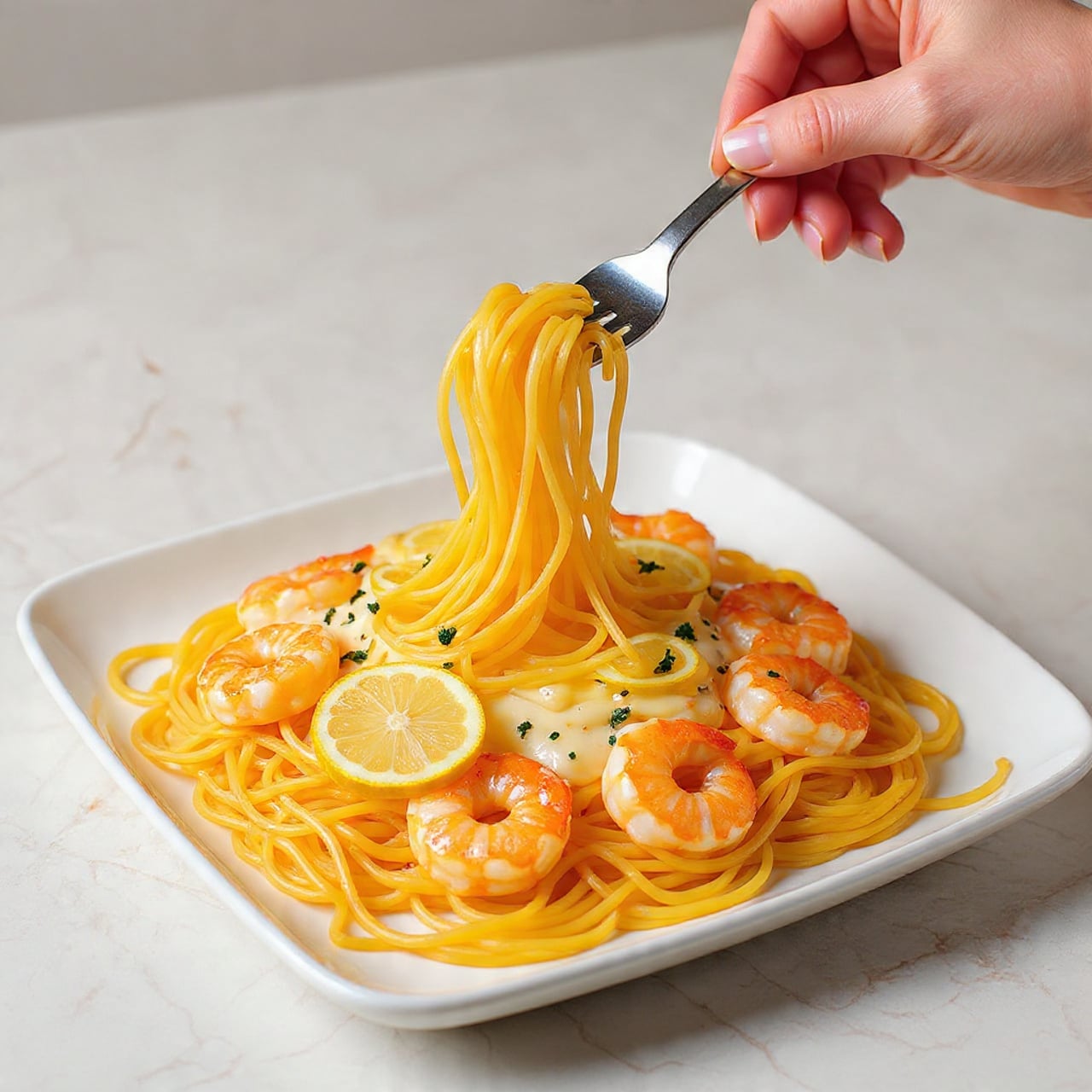 A white plate on a white marbled surface holds a simple pasta dish with a base layer of thin spaghetti noodles in a light cream sauce. On top, there is a layer of pinkish-orange cooked shrimp arranged evenly around the noodles. A few small green herb bits are scattered over the shrimp, adding a touch of color. In the background, blurred lemon wedges and a bottle of olive oil add context to the scene. The photo taken with an iphone --ar 4:5 --v 7