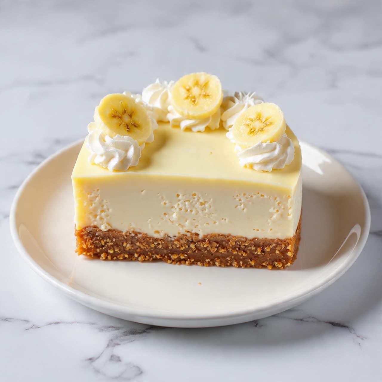 A slice of creamy cheesecake sits on a white plate with a smooth, dense off-white filling. The cheesecake is topped with a layer of whipped cream, decorated with three small swirls. Each swirl holds a thin banana slice on top. The crust is golden brown and slightly thick, forming a solid base at the bottom. The plate is placed on a white marbled surface. Photo taken with an iphone --ar 4:5 --v 7