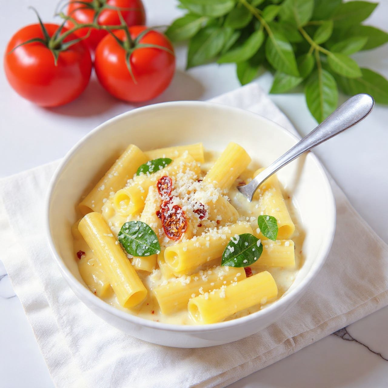 A white bowl is filled with rigatoni pasta covered in a creamy sauce mixed with pieces of sun-dried tomatoes and spinach leaves. The sauce has a light beige color, and the rigatoni are chunky with ridges. The pasta is topped with a sprinkle of grated cheese. In the background, there are bright red tomatoes on the vine and some green leaves, as well as a glass of white wine. The bowl is placed on a white cloth on a white marbled surface. A silver fork rests inside the bowl. photo taken with an iphone --ar 4:5 --v 7