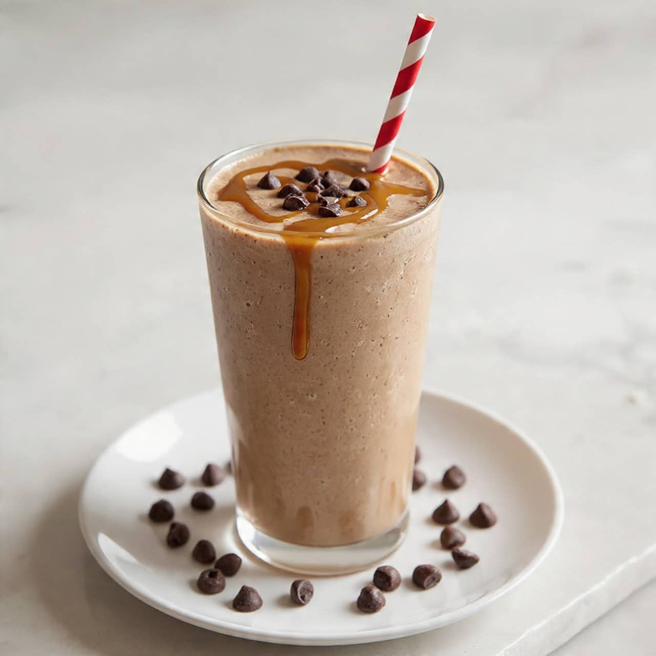 A tall clear glass filled with a smooth light brown milkshake, topped with a drizzle of caramel sauce that runs slightly over the rim, and a small pile of dark chocolate chips sitting in the center on top. A red and white chevron striped straw stands upright inside the glass. The glass is placed on a white plate with scattered dark chocolate chips around its base, all set on a white marbled textured surface. Photo taken with an iphone --ar 4:5 --v 7