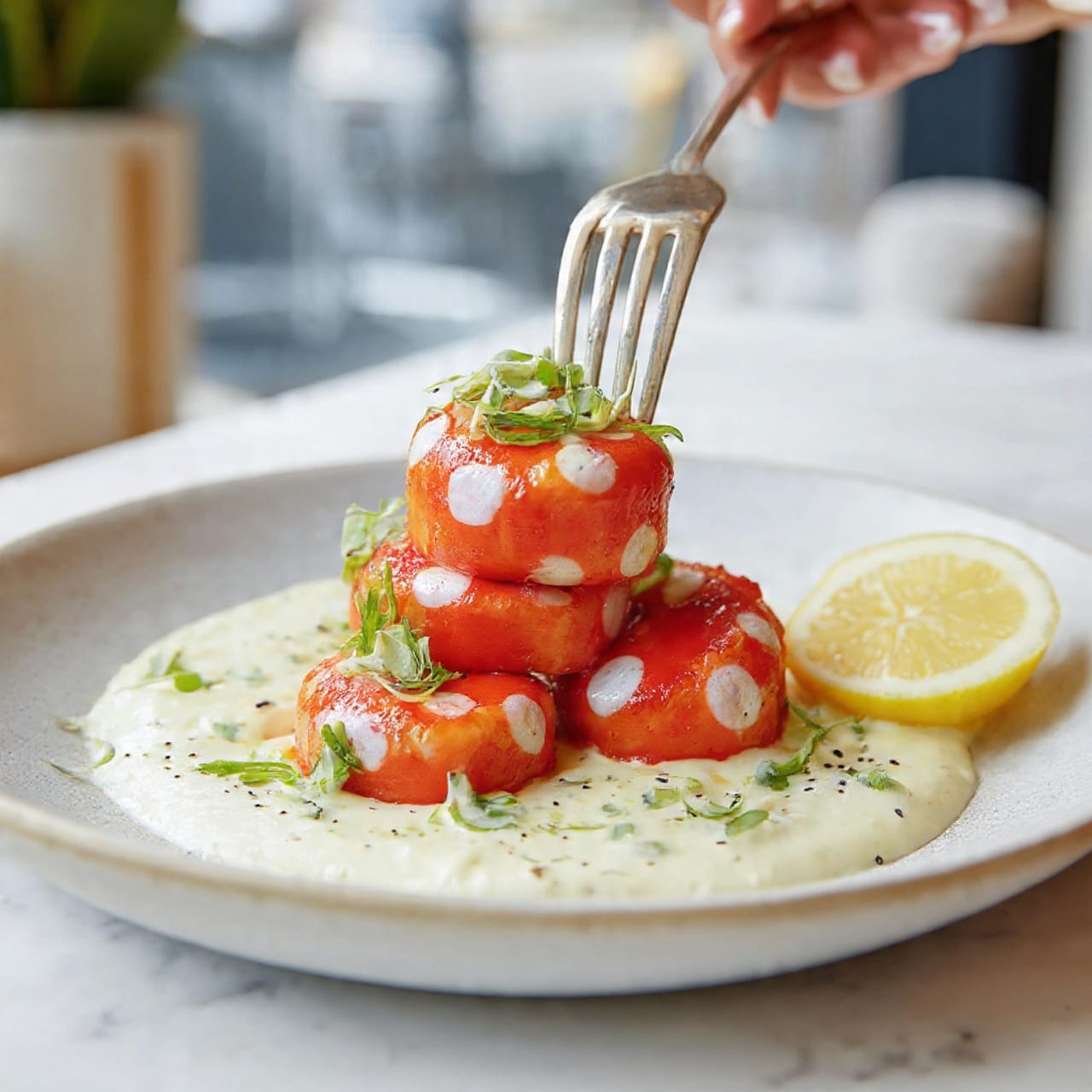 The image shows a round white bowl filled with four large, golden grilled fish fillets arranged in a circle. Each fillet is coated with a spicy sauce that has visible red chili flakes and green herbs sprinkled on top, giving the surface a textured look. The sauce pools lightly at the bottom of the bowl, which sits on a white marbled surface. A spoon rests inside the bowl, partly submerged in the sauce, with a woman's hand holding the bowl from the side. The colors are warm with a mix of golden-brown fish, red flakes, green herbs, and creamy orange sauce. photo taken with an iphone --ar 4:5 --v 7