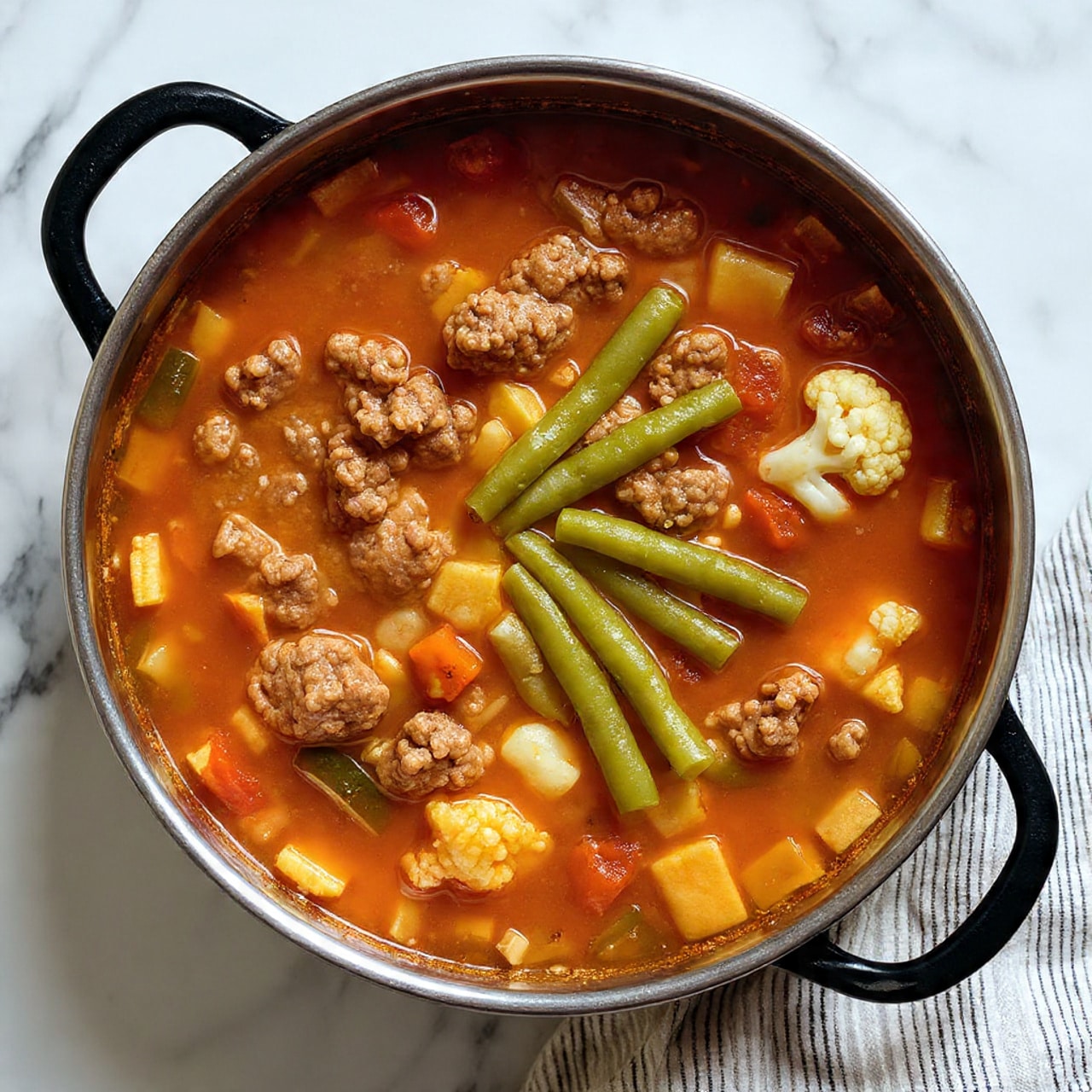 The image shows two white bowls filled with a vegetable and meat soup placed on a white marbled surface. The bowl in front contains a rich broth with a reddish-brown color, inside of which are visible chunks of browned ground meat, light green zucchini slices, green beans, and pale orange cauliflower pieces. A spoon with a black handle rests inside this bowl, slightly stirring the contents. In the background, there is a second white bowl filled with the same soup and topped with grated cheese and bits of green herbs. A light blue, beige, and white striped cloth is casually draped beside the bowls. The photo taken with an iphone --ar 4:5 --v 7