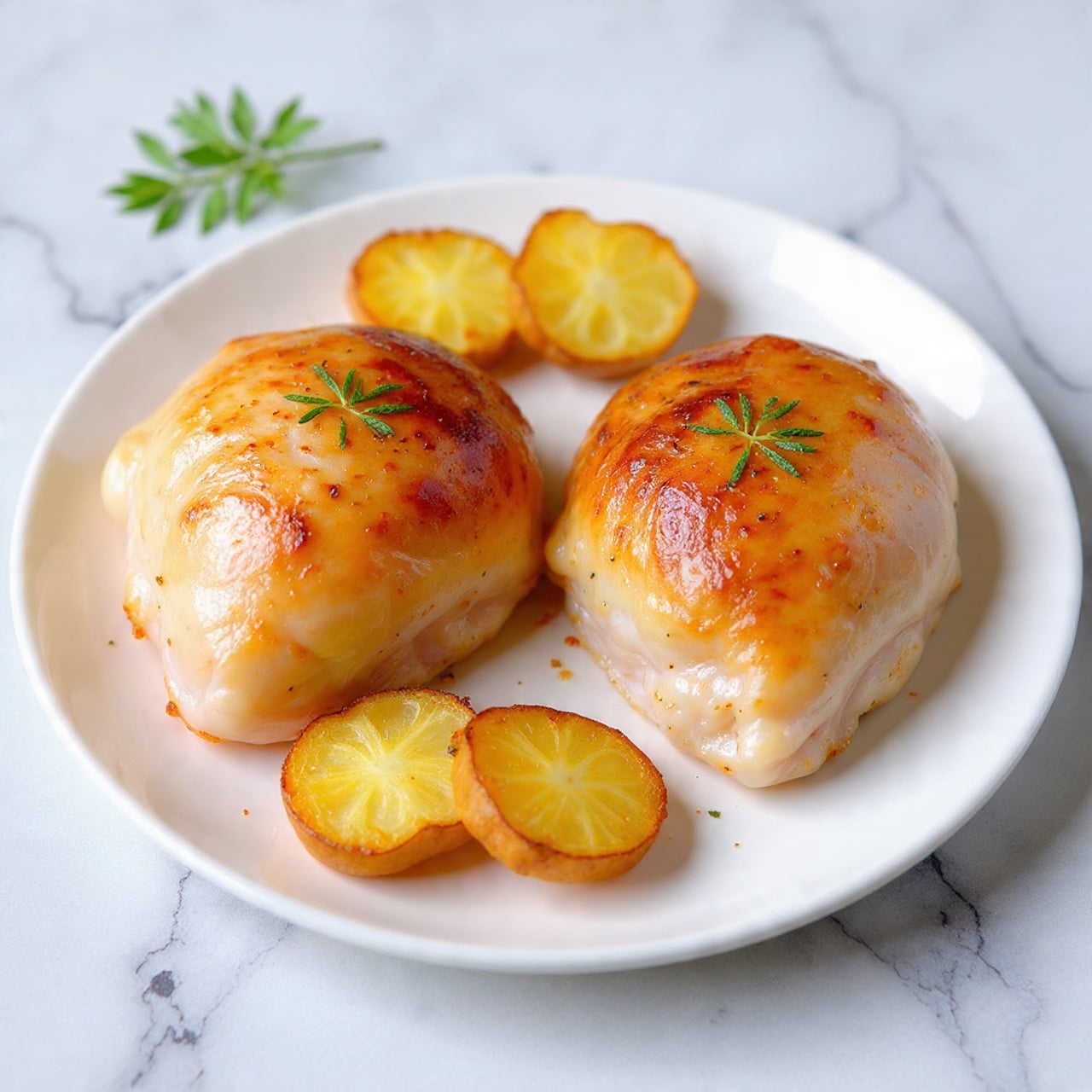 Two pieces of roasted chicken with golden brown, crispy skin topped with green herbs sit on a white plate. The chicken pieces are large, with one piece slightly sliced open to show the white, juicy inside. Around the chicken, there are several golden roasted potato halves with browned edges. The backdrop is a white marbled surface, and a small green parsley leaf can be seen in the background. photo taken with an iphone --ar 4:5 --v 7