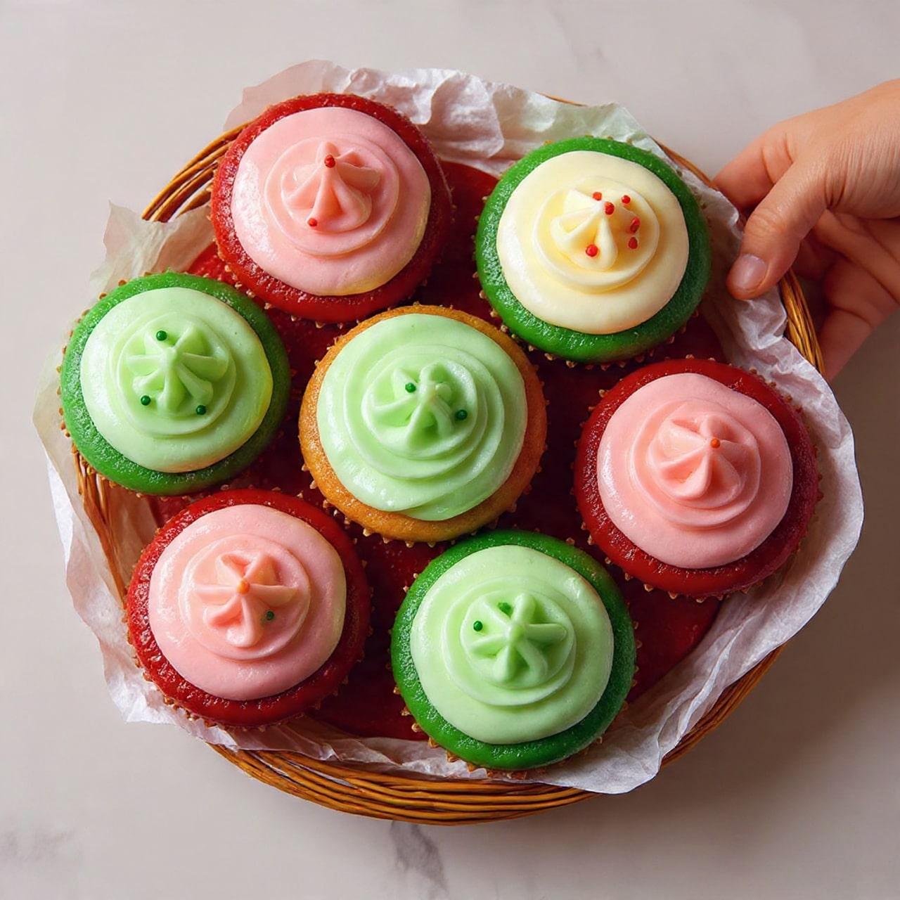 The image shows a white rectangular baking dish filled with six cinnamon rolls arranged in two rows of three. Each cinnamon roll is thick with a creamy white icing spread smoothly on top, covering the rolls completely. There are small red and green sprinkles scattered evenly over the icing, adding a festive look. The dish is placed on a white marbled surface with some green pine branches and pine cones near it, creating a holiday feel. A glass of dark liquid is seen to the right in the background. Photo taken with an iphone --ar 4:5 --v 7