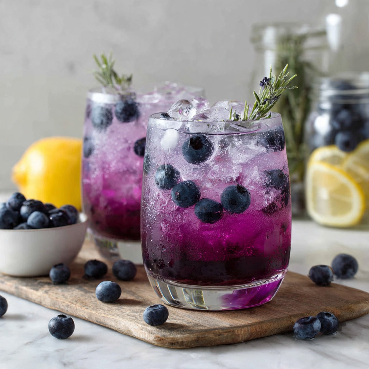 Two clear glasses filled with a purple drink that fades to light pink near the top. Each glass has several ice cubes and many dark blue blueberries floating inside. A green herb sprig stands upright in each glass. The glasses are placed on a wooden board on a white marbled surface. In the background, there is a small white bowl filled with blueberries and some lemon halves with herbs in glass jars. A few loose blueberries are scattered on the surface around the glasses. photo taken with an iphone --ar 4:5 --v 7