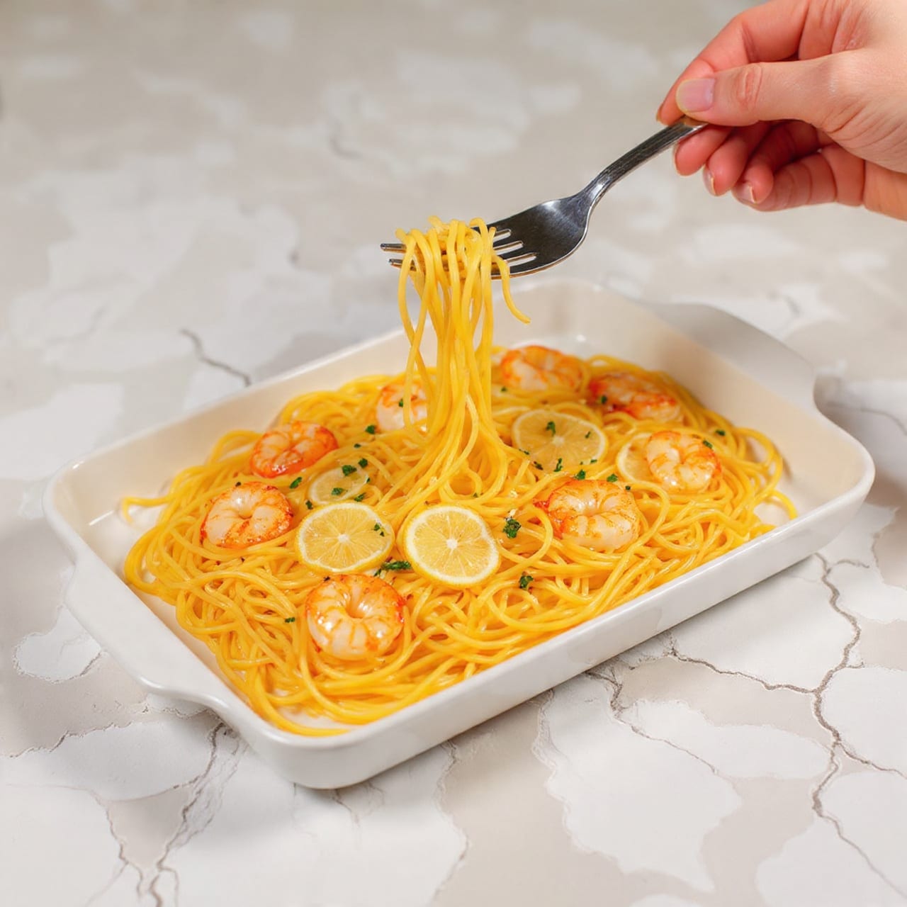 The image shows a white rectangular dish filled with spaghetti pasta, mixed with a creamy pale sauce. On top, there are many cooked shrimp with a pinkish-orange color, evenly spread across the pasta. Thin lemon slices with bright yellow skin and pale yellow inside are placed along one edge of the dish. Small bits of green herbs and spices are sprinkled over the shrimp and pasta, adding texture and color. A metal fork held by a woman's hand is twirling some pasta on one side. The background is a white marbled surface. Photo taken with an iphone --ar 4:5 --v 7