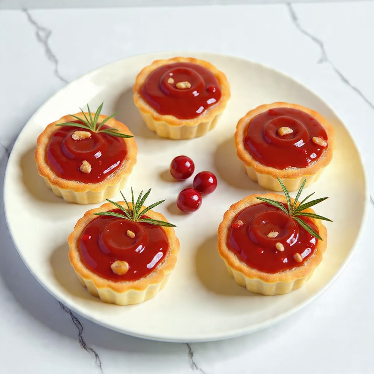 Small tart cups are arranged on a white marbled surface, each with a pale golden crust forming a thick base and sides. Inside each tart cup is a layer of bright red, slightly chunky cranberry sauce with a shiny, smooth texture. On top of the cranberry sauce, light brown walnut pieces are scattered, adding a rough, uneven texture. Each tart is also garnished with a small sprig of fresh green rosemary, standing upright from the side, providing a pop of color. There is a single shiny red cranberry lying on the surface among the tart cups. photo taken with an iphone --ar 4:5 --v 7