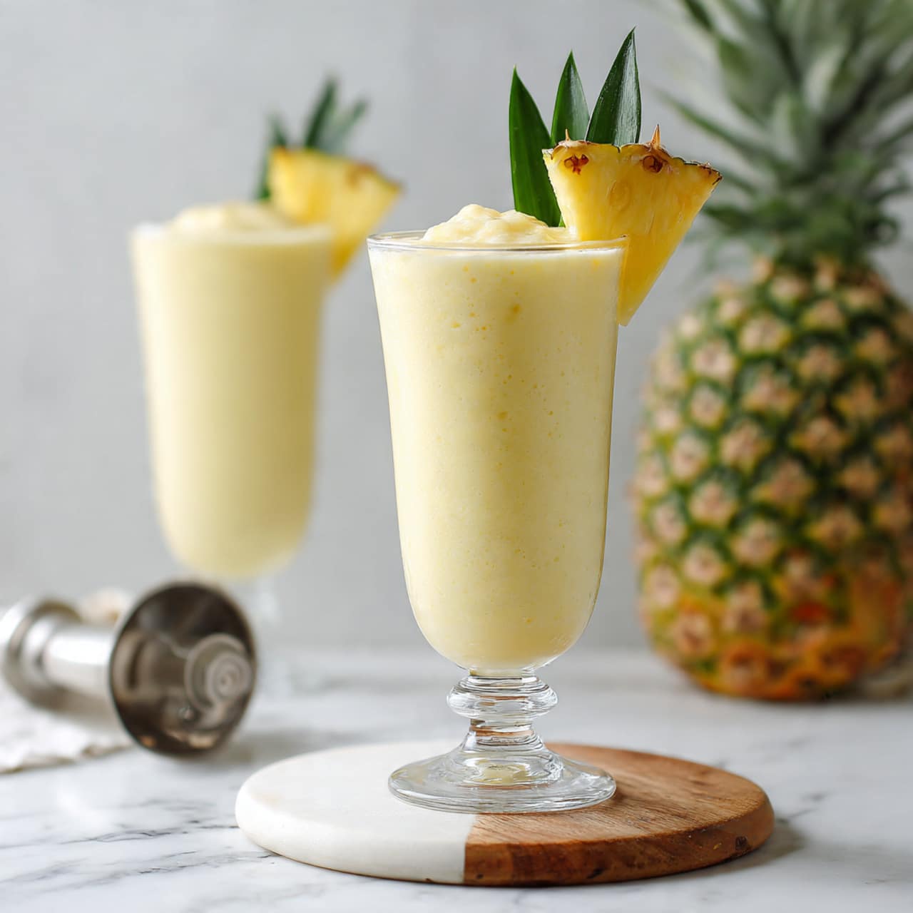 A tall glass filled with a thick, light yellow smoothie topped with a wedge of fresh pineapple and a small pineapple leaf, sitting on a round white and wood cutting board. The glass has a silver base and stems, with another identical glass blurred in the background. To the right of the glasses stands a whole pineapple, and to the left is a silver blender with remnants of the smoothie. The surface is white marbled, bright, and clean. The photo taken with an iphone --ar 4:5 --v 7