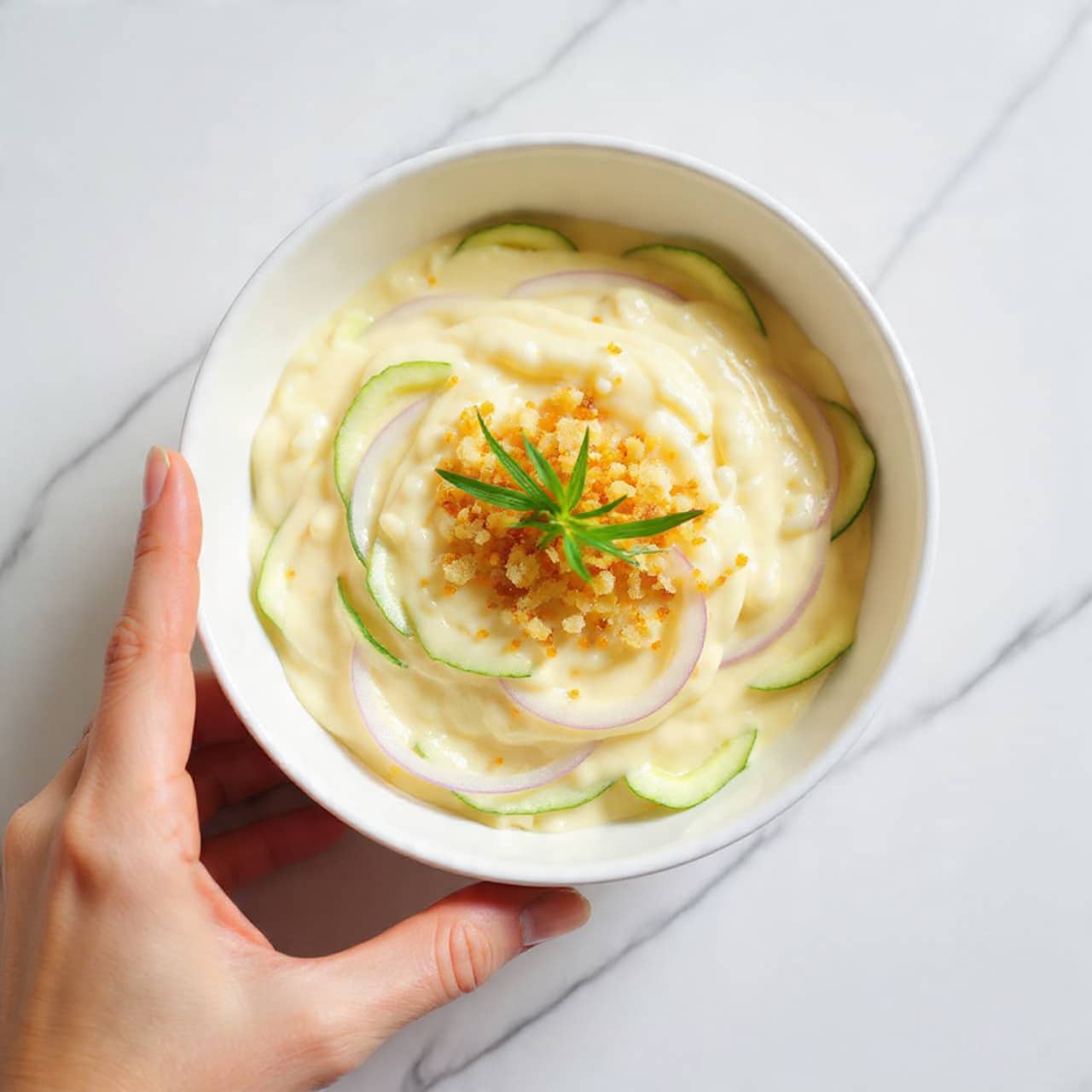 A white bowl filled with a creamy cucumber salad sits on a white marbled surface. The salad has several layers: thin green cucumber slices mixed with light purple onion rings, all coated in a white creamy dressing. On top, small golden-brown crispy bits and tiny green herb sprigs add texture and color. A woman's hand is gently holding the edge of the bowl. Photo taken with an iphone --ar 4:5 --v 7