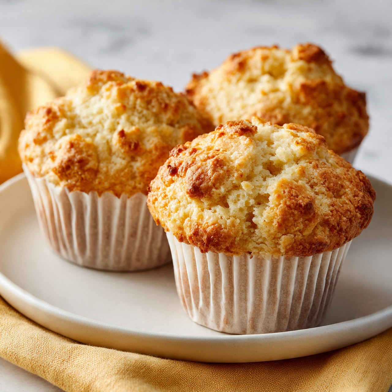 The image shows two muffins stacked on top of each other on a white marbled surface, with a soft focus on more muffins in the background. The bottom muffin is whole, wrapped in a white paper liner with visible chocolate chips scattered in its golden-brown dough. The top muffin is split in half, showing a moist, soft texture with dark chocolate chips inside. The lighting is soft and natural, emphasizing the warm, inviting colors of the muffins. Photo taken with an iphone --ar 4:5 --v 7