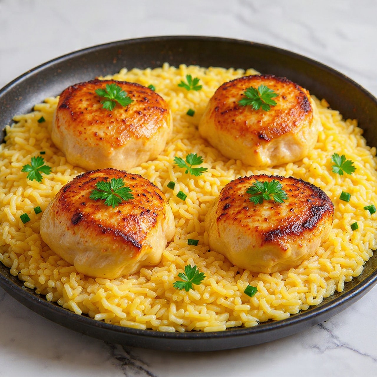 The dish shows four pieces of browned chicken thighs with crispy, dark golden skin, placed on a bed of light yellow rice mixed with small green vegetable bits. The chicken pieces are scattered evenly across the rice layer, each topped with bright green chopped parsley leaves that add a fresh touch. The rice looks fluffy with a slight oily shine, and the chicken skin has a slightly rough texture with charred spots. The whole dish is in a shallow pan with a black rim, against a white marbled textured background. photo taken with an iphone --ar 4:5 --v 7