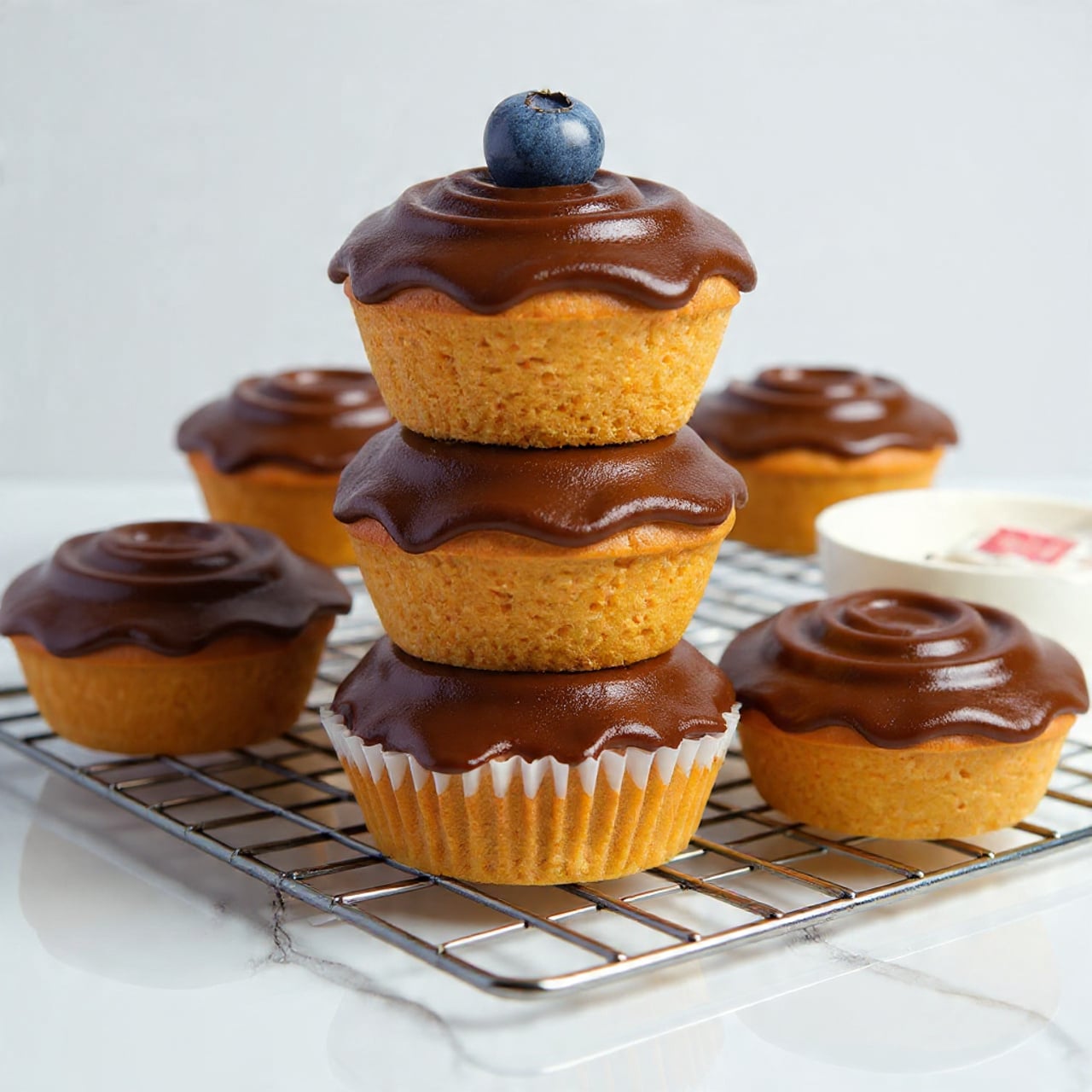 The image shows three small round muffins on a white plate, each topped with a smooth white glaze layer that covers the top fully. One muffin is broken in half, showing a light golden, soft, crumbly inside layer. Next to the muffins on the plate, there is a bright red strawberry with green leaves. In the background, more glazed muffins and strawberries are on a wooden board, with a red cup filled with dark coffee or tea nearby. The scene is set on a white marbled surface with a colorful striped cloth underneath the plate. Photo taken with an iphone --ar 4:5 --v 7