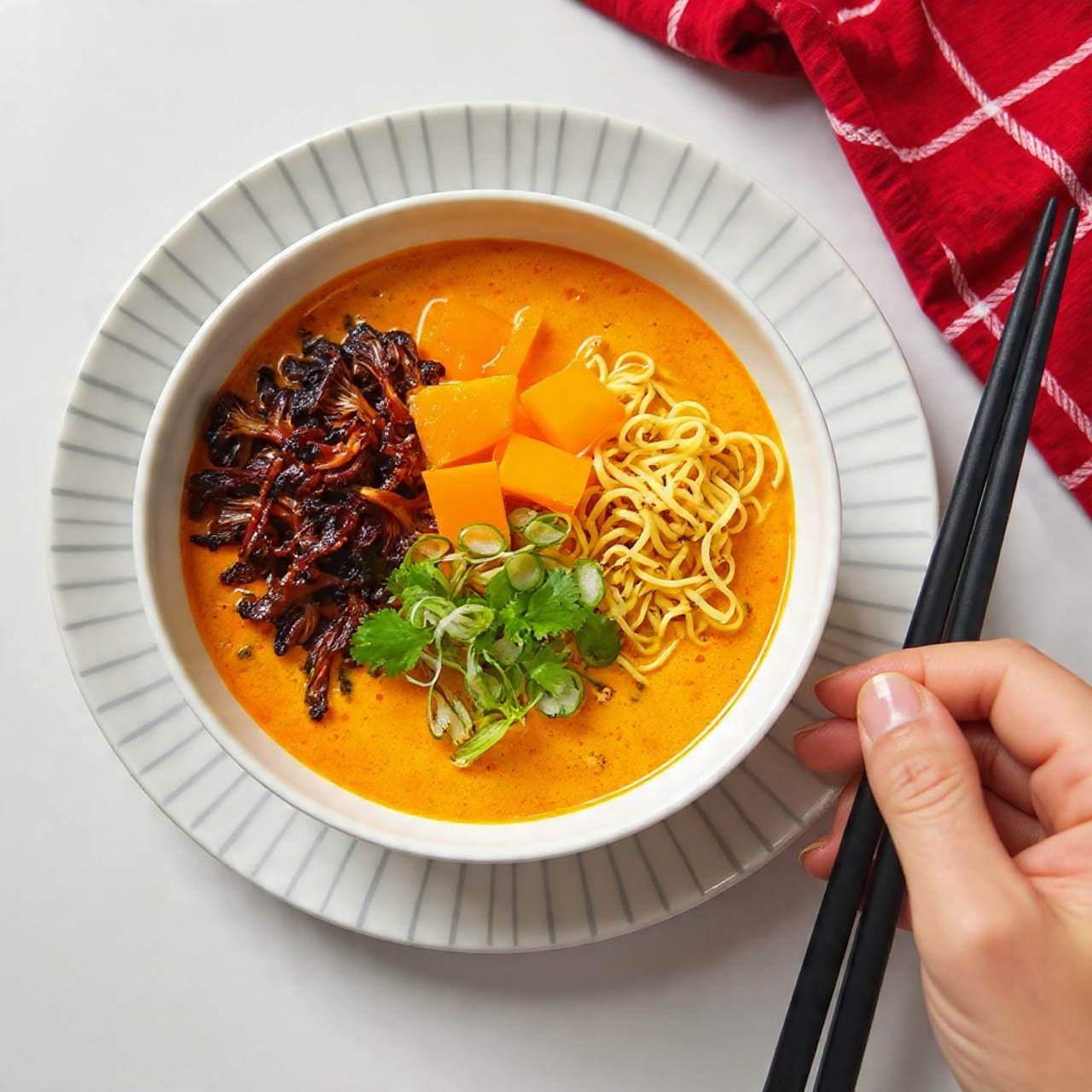 A white bowl filled with light brown broth and noodles sits on a white marbled surface. The bowl has thin gray vertical lines on the outside. In the bowl, there are layers of toppings: golden sautéed oyster mushrooms on one side, bright orange carrot cubes in the center, and chopped green onions in the front. Resting next to the bowl are black chopsticks and a woman's hand holding one chopstick. The background includes a red and white cloth beneath the bowl.