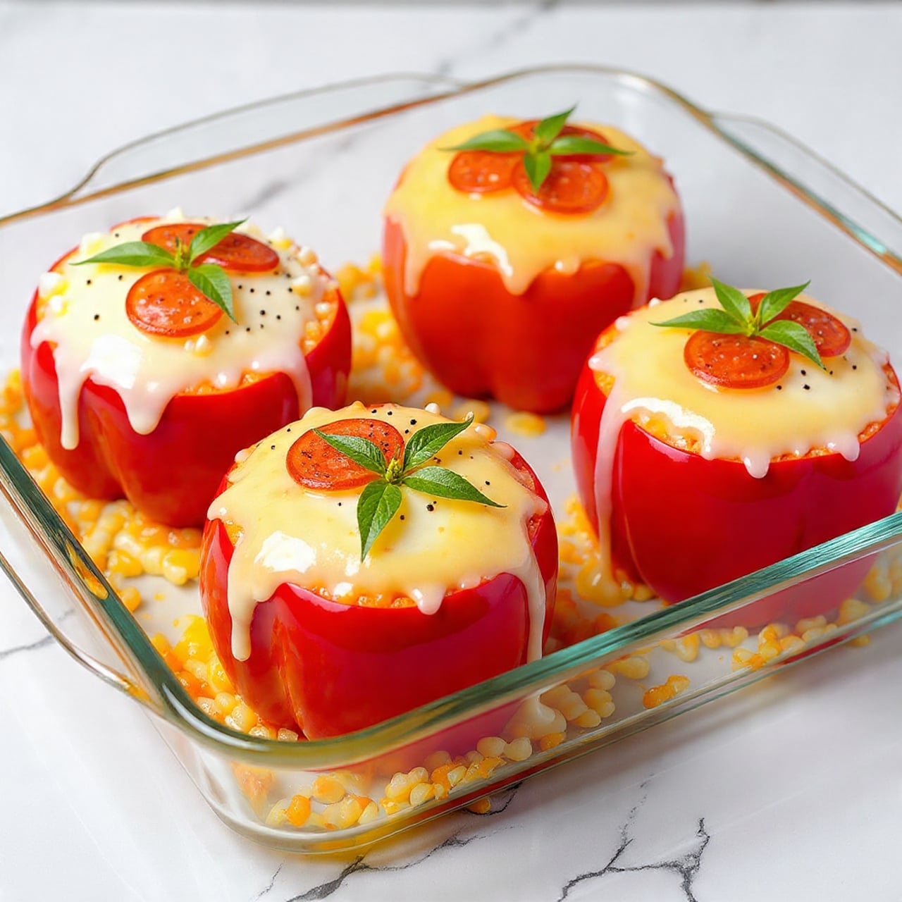Four red bell pepper halves are filled with a cooked mixture, topped with melted golden-brown cheese, and several round reddish-brown pepperoni slices scattered on top; they are arranged closely in a clear glass baking dish placed on a white marbled surface. photo taken with an iphone --ar 4:5 --v 7