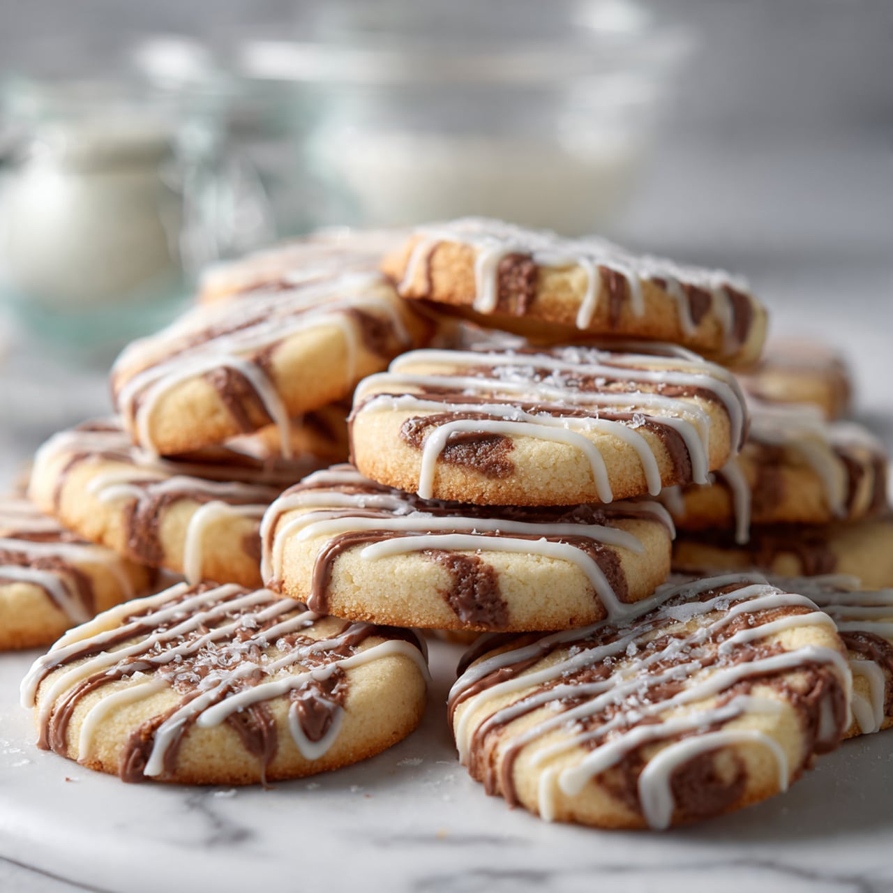 The image shows many round cookies with swirls of brown chocolate in the dough, spread out on a white marbled surface. Some cookies are stacked in the center, creating a small pile and showing the thickness and soft texture of the cookies. Thin white icing is lightly drizzled in a crisscross pattern over all the cookies. The background has soft, blurred glass jars and bowls, keeping the focus on the cookies. The overall colors are light cream, brown, and white with a clean and bright look. The photo taken with an iphone --ar 4:5 --v 7
