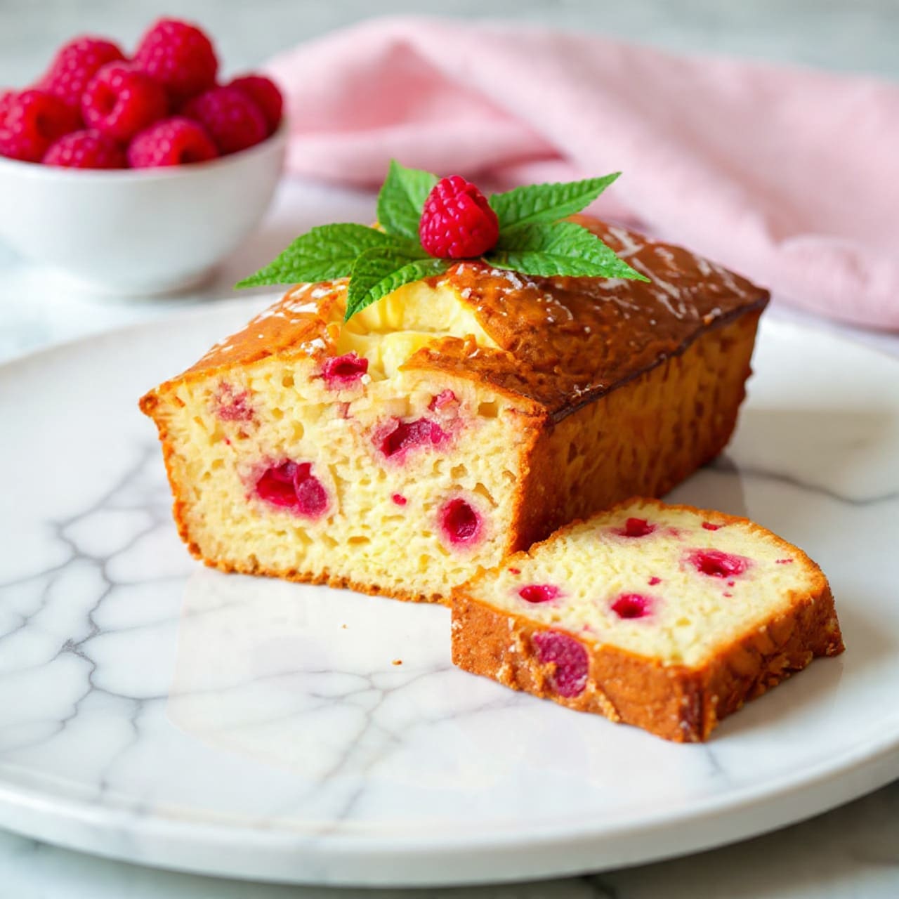 The image shows a loaf cake with two thick slices cut from it, placed on a white marbled textured surface. The cake has a golden brown crust with a light glaze on the outside. Inside, the cake is pale yellow with swirls and chunks of red raspberries scattered throughout. The whole loaf is topped with a cluster of fresh raspberries and some green mint leaves. In the background, there is a small white bowl filled with more raspberries, and a pink cloth is softly draped behind the cake. photo taken with an iphone --ar 4:5 --v 7
