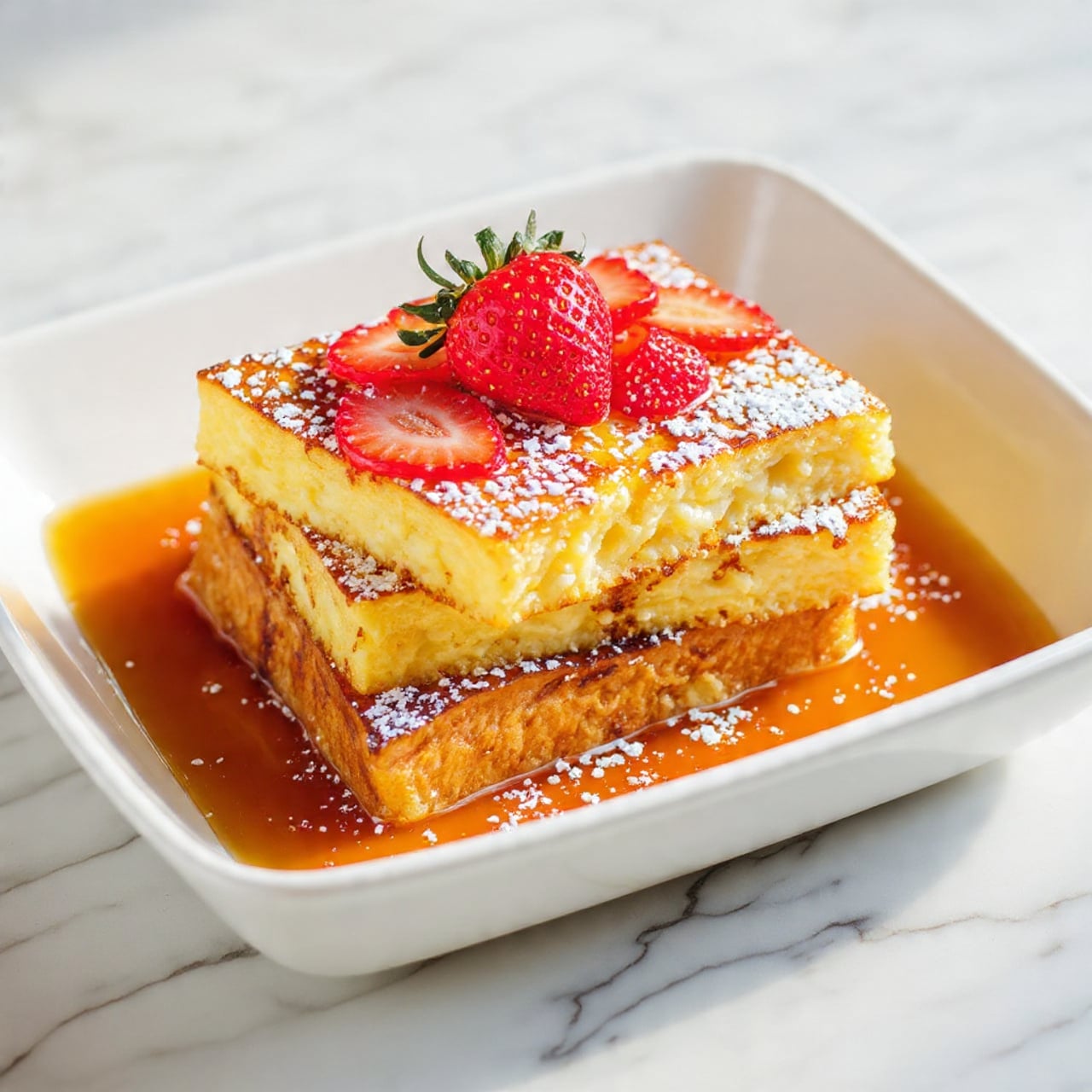 The image shows a white rectangular baking dish filled with five thick, folded pancakes layered closely next to each other. Each pancake is golden brown with a soft, slightly textured surface. Light powdered sugar is sprinkled evenly over the pancakes, giving them a delicate dusted look. Bright red strawberry slices are scattered on top, adding a fresh, colorful contrast to the warm tones of the pancakes. A white marbled surface is visible beneath the dish, and syrup glistens lightly in the bottom of the dish around the pancakes. Photo taken with an iphone --ar 4:5 --v 7