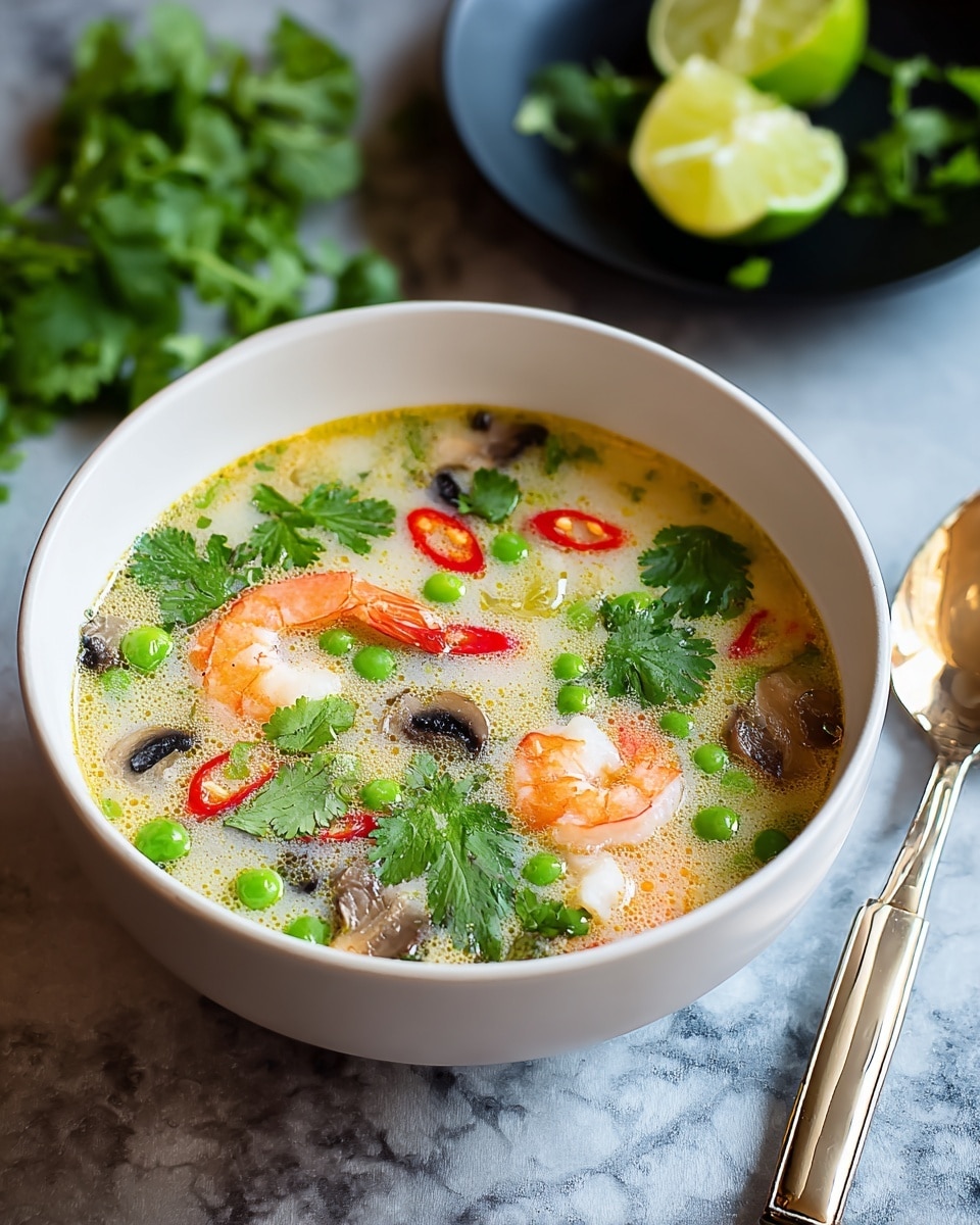 A white bowl filled with 3 layers of soup: the bottom layer is a creamy light yellow broth with a smooth texture, the middle layer has light brown mushrooms and bright green peas scattered throughout, and the top layer shows orange-pink shrimp, vibrant green cilantro leaves, and curved red chili slices floating on the surface. The bowl sits on a white marbled textured surface, beside a silver spoon with a golden handle placed to the right. In the blurred background, there is a black dish holding a halved lime and cilantro sprigs. Photo taken with an iphone --ar 4:5 --v 7