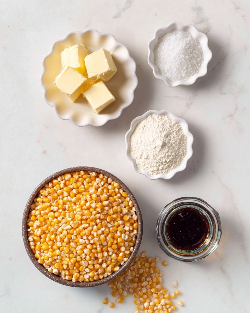 The image shows five groups of ingredients on a white marbled surface arranged loosely in a circle. In the bottom center, there is a round bowl filled with yellow-orange popcorn kernels with some kernels spilled around it. Above this, there is a small white scalloped dish with three square pieces of bright yellow butter stacked unevenly. To the left of the butter, there is a small round white bowl filled with light tan granulated sugar. To the right of the butter, there is another small white scalloped dish with a pile of coarse white salt. Below and to the right of the salt, there is a small glass jar with a dark brown liquid inside, possibly syrup or molasses. The photo is taken with an iphone --ar 4:5 --v 7