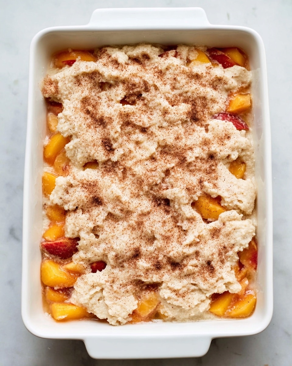 A white rectangular baking dish filled with a two-layer dessert. The bottom layer shows small chunks of peach in varying shades of orange and yellow, spread evenly across the dish. The top layer is a light beige dough dolloped unevenly over the peach pieces, with a grainy texture that looks like it is sprinkled with cinnamon sugar. The edges of the peach chunks peek through the dough layer in several spots. The dish is set on a white marbled surface. photo taken with an iphone --ar 4:5 --v 7