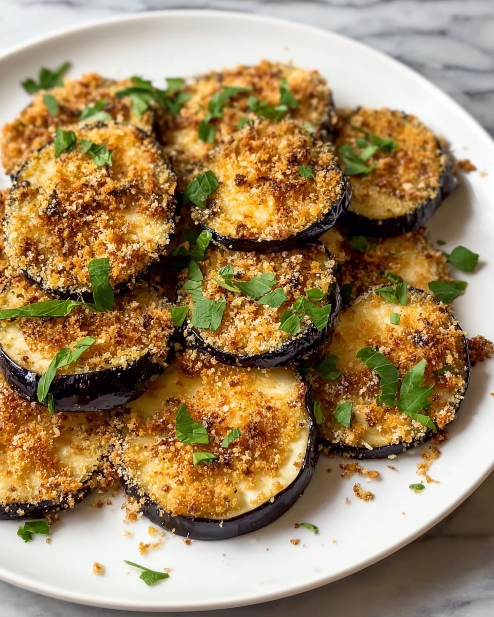 A white plate filled with many round slices of eggplant, each slice showing a thick purple skin layer on the outside, a pale yellow inside layer, and topped with a golden brown crisp crumb layer. Small green herb pieces are scattered over the slices, adding a fresh touch. The eggplant slices are slightly overlapping, and the crumb topping looks crunchy with some areas more browned than others. The whole scene is set on a white marbled surface. photo taken with an iphone --ar 4:5 --v 7