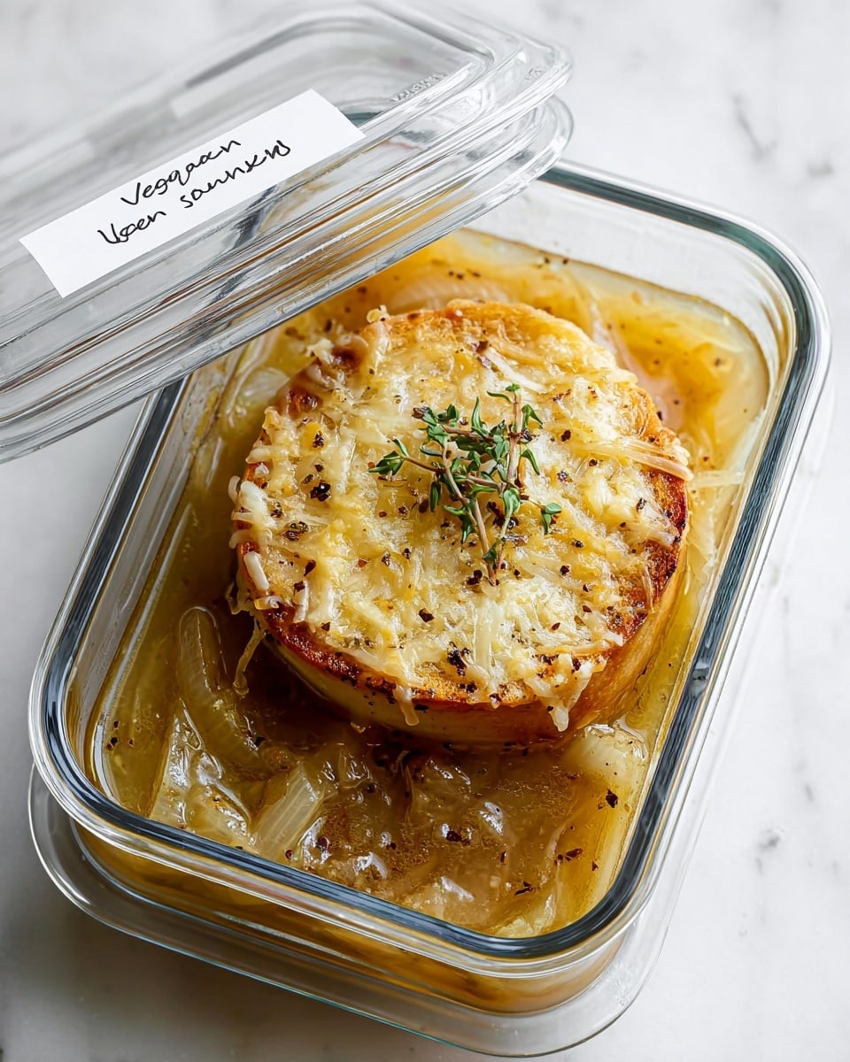A clear rectangular glass container holds a serving of vegan French onion soup. The bottom layer consists of soft, cooked onion slices in a light golden broth. On top sits a toasted round bread piece that is golden brown with melted shredded cheese, slightly browned in spots, and sprinkled with black pepper and a small green herb garnish. The container’s lid is partially open, showing a white label with handwritten text. The background is a white marbled surface. photo taken with an iphone --ar 4:5 --v 7