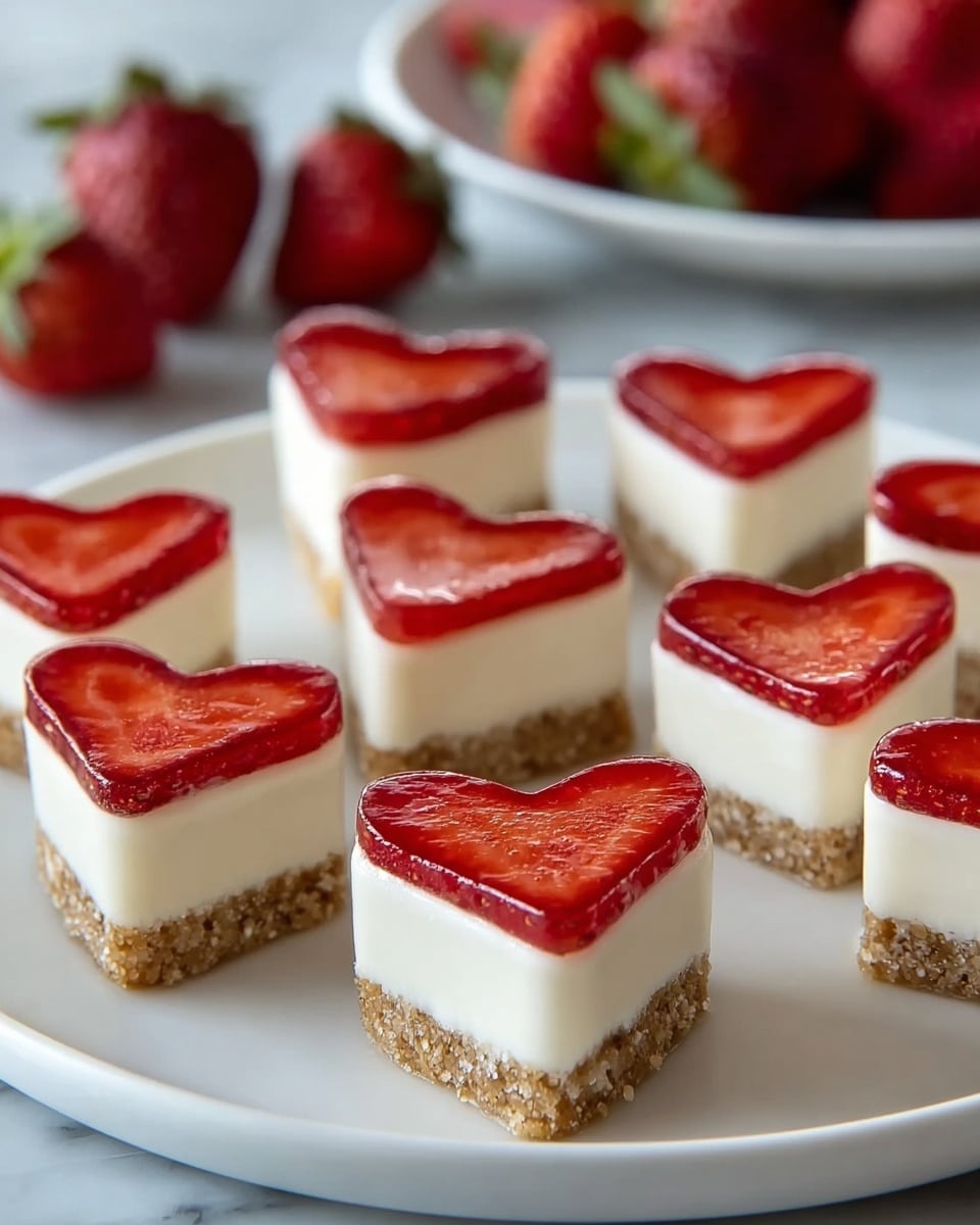 On a white plate, there are seven small heart-shaped desserts arranged closely together. Each dessert has three layers: a bottom layer of light brown crumbly texture, a thick middle layer of smooth white cream, and a top layer with a single bright red strawberry slice shaped like a heart. The strawberries have a glossy, fresh look with small seeds visible. In the background, there is another white plate slightly blurred, holding whole red strawberries on a white marbled surface. photo taken with an iphone --ar 4:5 --v 7