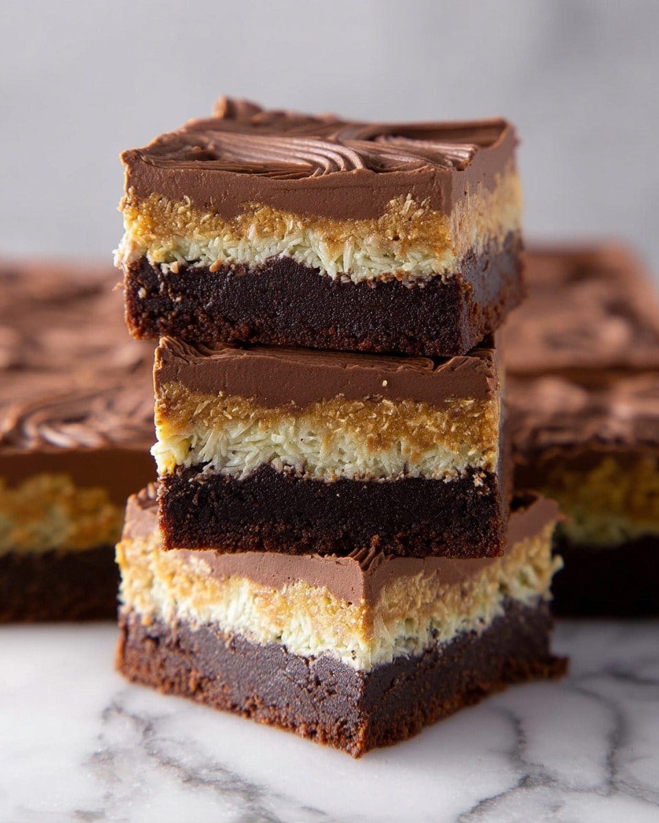 The image shows three square pieces of a layered dessert stacked on top of each other on a white marbled surface. Each square has three layers: the bottom layer is dark brown and dense, resembling a chocolate brownie; the middle layer is golden and textured, looking like shredded coconut or a similar ingredient; the top layer is smooth and dark brown, like a thick chocolate frosting with a lighter swirl pattern on the surface. The dessert pieces are neatly cut and the edges show the clear separation of each layer. photo taken with an iphone --ar 4:5 --v 7