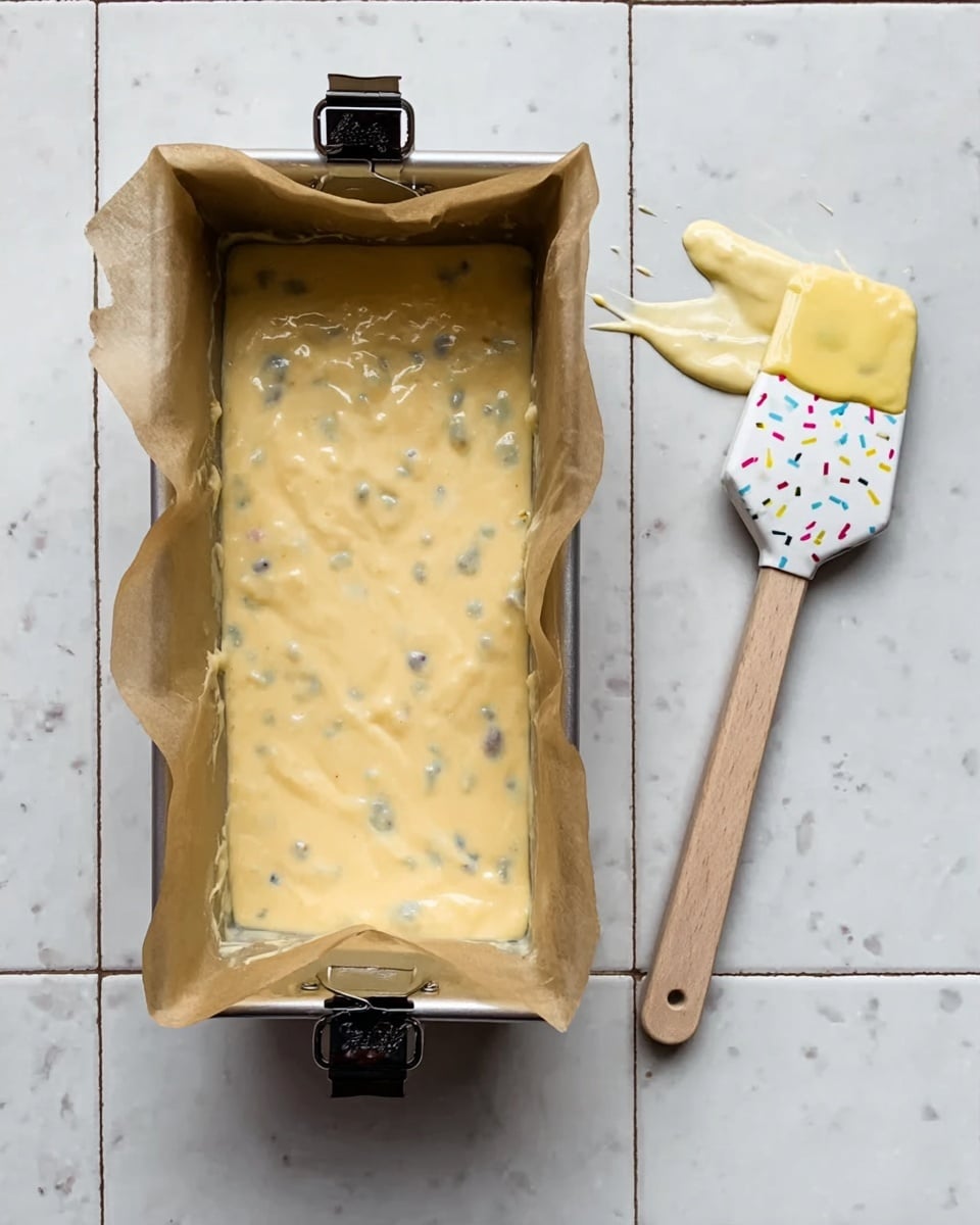 The image shows a rectangular metal baking pan lined with brown parchment paper held in place by two black binder clips on the longer sides. The pan is filled with light yellow cake batter that has a smooth, thick texture and small dark spots, likely blueberries, scattered inside it. To the left of the pan lies a white silicone spatula with colorful sprinkles pattern on the handle and some batter residue on the blade and handle. The scene is set on a white marbled tile surface. photo taken with an iphone --ar 4:5 --v 7