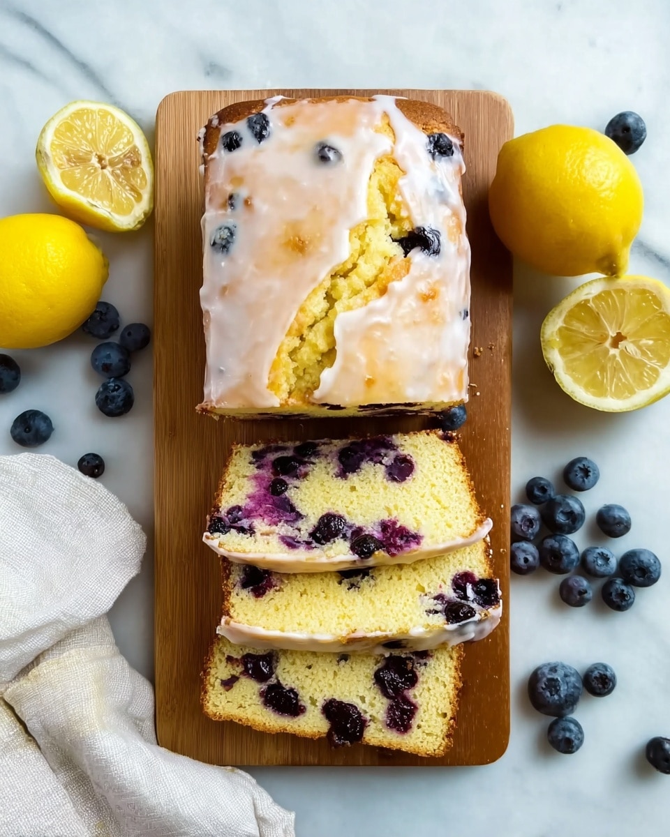 The image shows a loaf of blueberry lemon cake on a wooden board on a white marbled surface. The cake is sliced into four pieces, each one showing a light yellow inside with dark purple blueberries spread through the cake. The top layer of the cake has a thin white icing with a smooth texture. Next to the wooden board, there is a white plate with a scalloped edge holding a slice of the cake, a few loose blueberries, and a silver fork. A bright yellow lemon and a cut lemon half are also placed around the cake, adding vibrant color to the scene. The photo taken with an iPhone --ar 4:5 --v 7