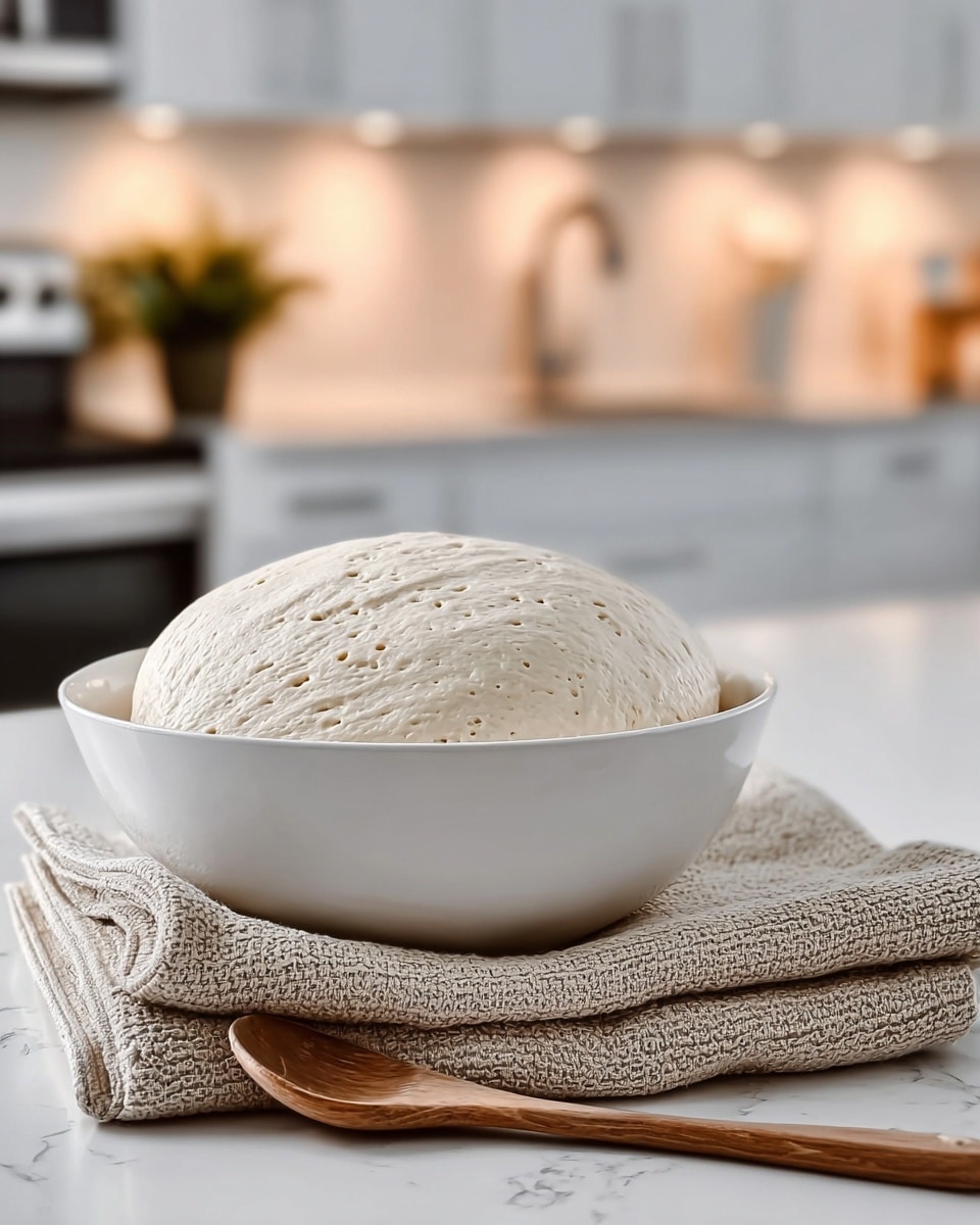 A large white bowl filled with a round, risen dough that has a soft, slightly bumpy texture and a few small holes, showing it is well proofed. The dough is pale beige with a smooth but airy surface, slightly cracked at the top. To the left of the bowl, there are two neatly folded beige kitchen towels stacked on each other, showing a woven texture with stripes. In front of the towels and bowl, there is a wooden spoon resting on a white marbled countertop, which matches the softly blurred kitchen background with warm lighting and subtle kitchen items photo taken with an iphone --ar 4:5 --v 7