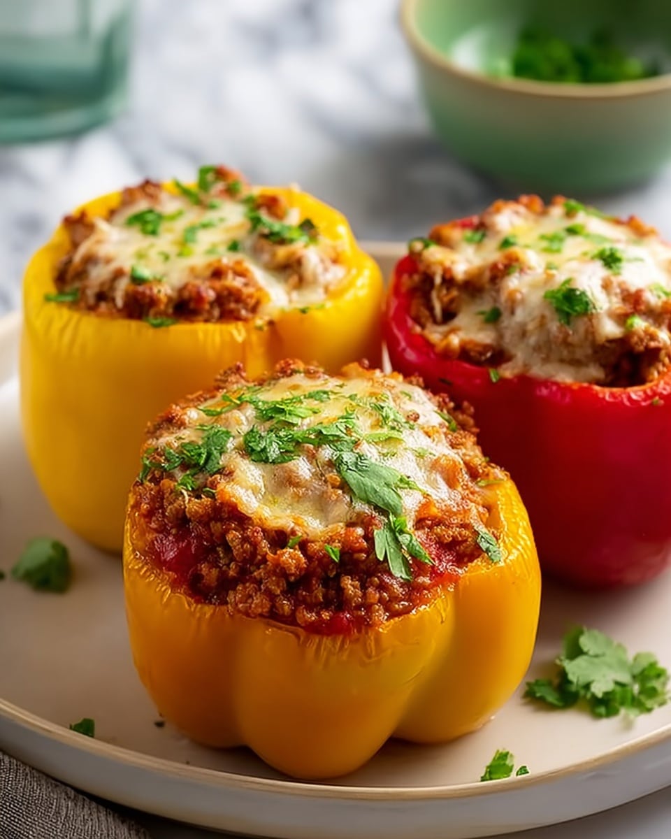 Three stuffed bell peppers, two yellow and one red, are placed on a round white plate. Each pepper is filled with cooked ground meat mixed with red sauce, topped with melted white and yellow cheese, and sprinkled with chopped fresh green herbs. The peppers' tops are open, showing the filling inside overflowing slightly. The plate sits on a white marbled surface with a blurred green bowl in the background. Photo taken with an iphone --ar 4:5 --v 7