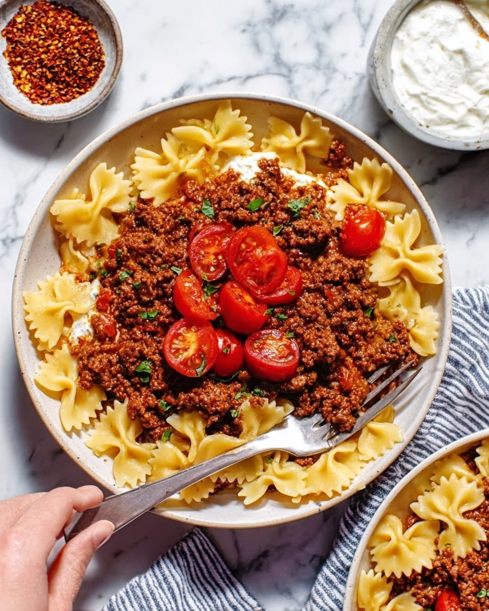 A white bowl holds layers of pasta shaped like small bow ties at the bottom, topped with a rich brown ground meat sauce spread evenly over the pasta. On top of the meat, there are bright red cherry tomato halves layered neatly in the center. A silver fork rests inside the bowl with a woman's hand holding it. In the background, there is a small white bowl filled with a dark red spice and a larger white bowl with a white creamy sauce, all placed on a white marbled surface. Photo taken with an iphone --ar 4:5 --v 7