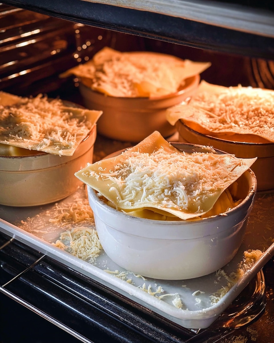 Inside an oven, there are four bowls with food being cooked. Three bowls are rustic brown with a rough texture, and one bowl is smooth white ceramic. Each bowl holds round pieces of food stacked vertically, topped with a single square yellow slice that slightly bends over the edges. On top of these slices, there is a generous layer of white shredded cheese scattered and starting to melt. The bowls are placed on a metal tray with some melted cheese bits around. The warm light inside the oven highlights the textures and colors clearly. photo taken with an iphone --ar 4:5 --v 7