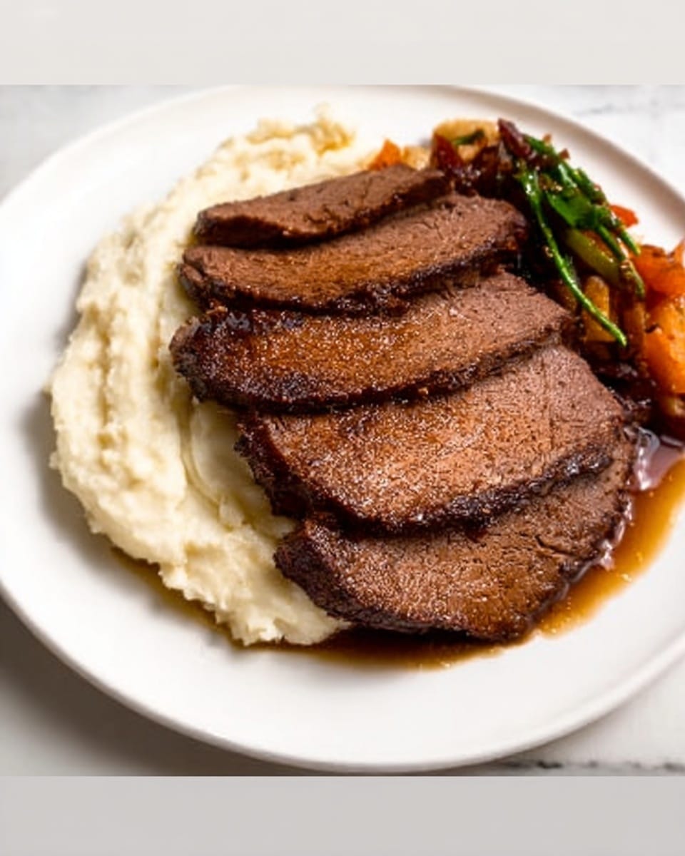The image shows a white plate with a smooth, creamy layer of mashed potatoes at the bottom, taking up most of the plate's surface. On top, there are several thick slices of dark brown, juicy meat with a slightly crispy outer texture, arranged in a neat row leaning against each other. Behind the meat, there is a small pile of roasted orange and purple vegetables stacked together. The plate is placed on a white marbled surface, and a woman's hand is holding a fork near the plate. photo taken with an iphone --ar 4:5 --v 7