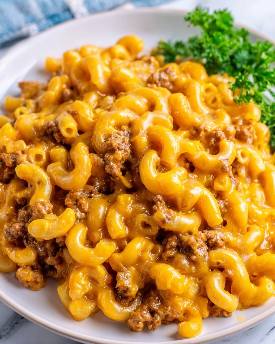 A close-up view of a white plate filled with creamy macaroni and ground meat mixture. The macaroni is coated in smooth, melted orange cheese, giving it a shiny texture. The macaroni shapes are curved and layered tightly with browned ground meat mixed evenly throughout. To the right side of the plate, there is a small bunch of green parsley leaves adding a fresh touch. The plate sits on a white marbled surface. Photo taken with an iphone --ar 4:5 --v 7