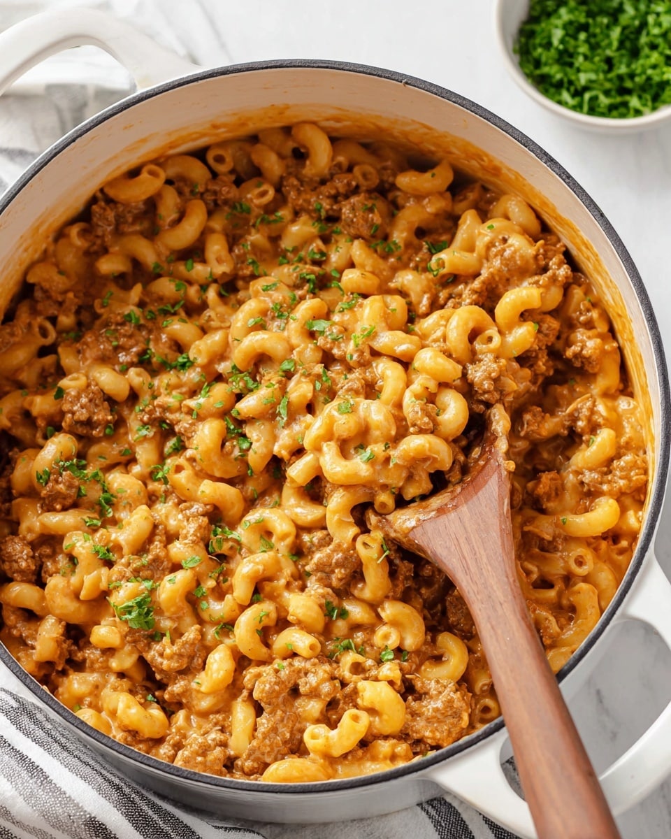 A close-up view of a white pot filled with creamy macaroni and ground meat mixed together. The macaroni is light orange and curved, coated in a smooth sauce that clings to the pasta and meat evenly. Small pieces of cooked brown meat are spread throughout the dish, blending with the sauce. Fresh chopped green herbs are sprinkled on top, adding color contrast. A wooden spoon is scooping some of the macaroni and meat mix from the pot. The pot sits on a white marbled surface with a striped cloth nearby and a white bowl filled with chopped green herbs in the background. Photo taken with an iphone --ar 4:5 --v 7