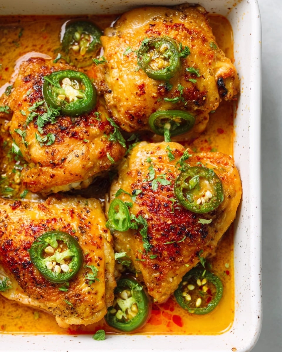 The image shows four golden brown cooked chicken thighs arranged close together in a white rectangular dish. The chicken pieces have a slightly crispy texture with some darker browned spots. Bright green slices of jalapeño peppers are scattered evenly over and around the chicken, adding a fresh contrast. Tiny green herb leaves are sprinkled on top, enhancing the color variety. The white marbled surface below the dish adds brightness to the scene. The sauce is light orange and pools around the chicken, adding a slight shine. The lighting is natural, highlighting the texture and colors well. photo taken with an iphone --ar 4:5 --v 7