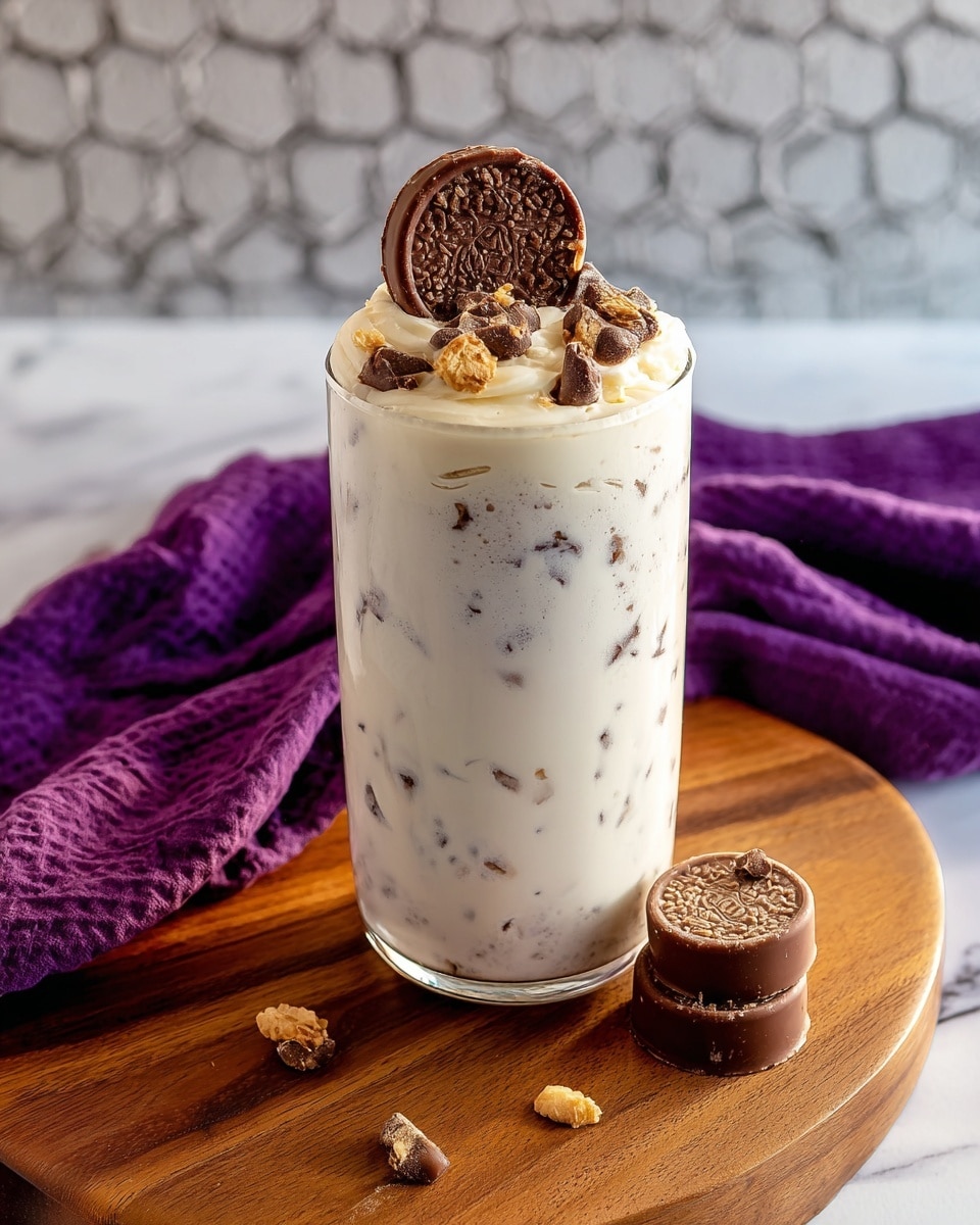 A tall clear glass is filled with a creamy white drink that has visible small dark chunks inside, giving it a speckled texture throughout. The drink reaches the top edge of the glass where it is topped with a layer of smooth white cream. On top of the cream, there are broken pieces of chocolate candy, with one large round chocolate candy standing upright in the center. The glass sits on a round wooden board, and to the side on the board, there are two whole round chocolate candies stacked on each other. Behind the board, a deep purple cloth is softly draped over a white marbled surface with a hexagonal tile wall in the background. photo taken with an iphone --ar 4:5 --v 7