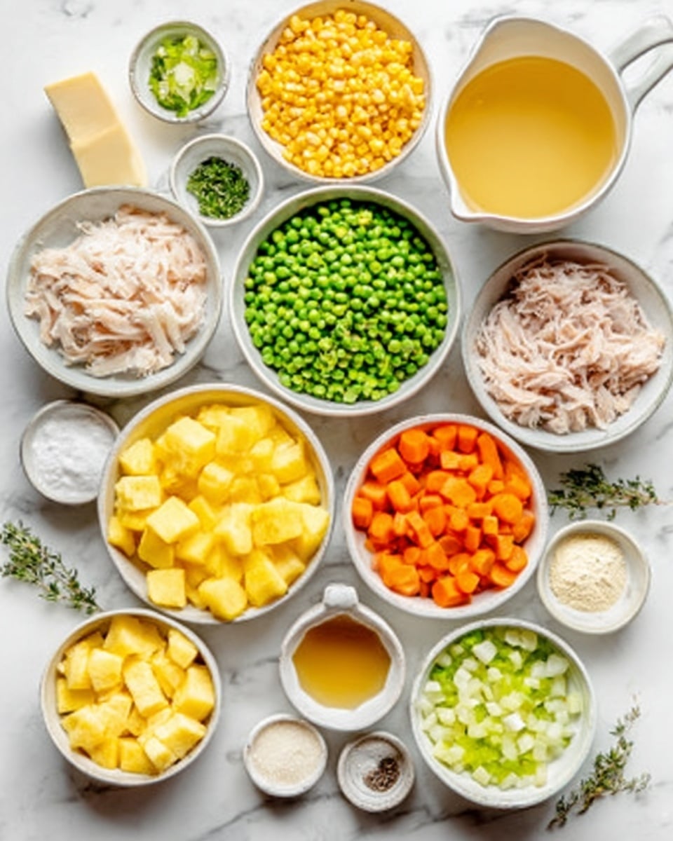 The image shows a white marbled surface with several white bowls arranged closely together, each filled with different ingredients. There are bright yellow pineapple chunks in one bowl, yellow corn kernels in another, and green peas in a third bowl. A separate bowl contains thin slices of light brown meat. Fresh green herbs and diced white onions fill two more bowls. Another bowl holds orange carrot pieces, while a few others contain green celery pieces, white flour, butter, and a small amount of a beige paste. A large jug of light yellow broth sits on the surface, along with a small white bowl of a creamy liquid, and tiny containers hold salt, pepper, and a cup of oil. The arrangement is neat and colorful, showing a variety of textures from smooth broth to crunchy vegetables and soft meat. photo taken with an iphone --ar 4:5 --v 7