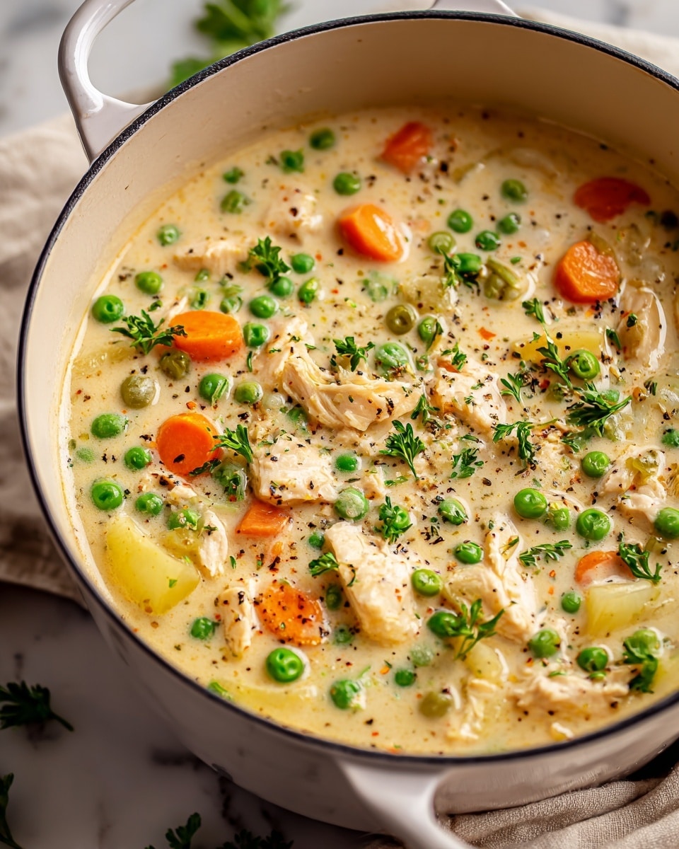 A white pot filled with creamy chicken and vegetable soup, showing multiple layers of light beige broth, tender chunks of chicken in pale tan, bright green peas scattered throughout, thin slices of orange carrot, and small pale yellow celery pieces. Fresh green parsley bits are sprinkled on top along with ground black pepper, creating a colorful contrast against the smooth creamy soup. The pot rests on a white marbled surface with a beige cloth partially visible beside it, giving a cozy and fresh kitchen vibe. photo taken with an iphone --ar 4:5 --v 7