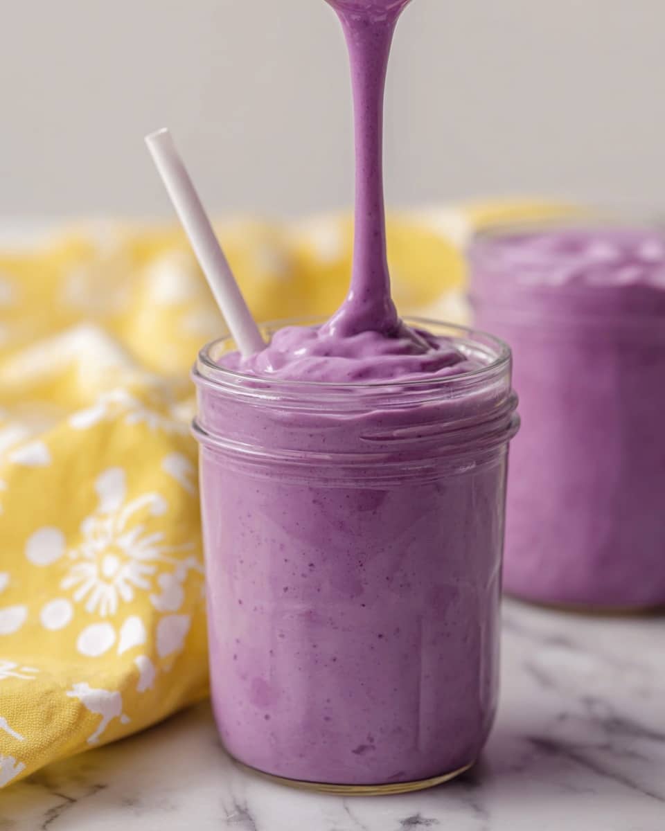 The image shows two clear glass jars filled with thick, creamy purple smoothie. The front jar is the focus with the purple smoothie being poured into it, creating a small swirl on top. A white paper straw is placed inside the front jar at an angle. Behind it, the second jar is also filled with the same purple smoothie. The background shows a soft yellow cloth with white designs, all on a white marbled surface. The light is soft and natural, highlighting the smooth, creamy texture of the smoothie photo taken with an iphone --ar 4:5 --v 7