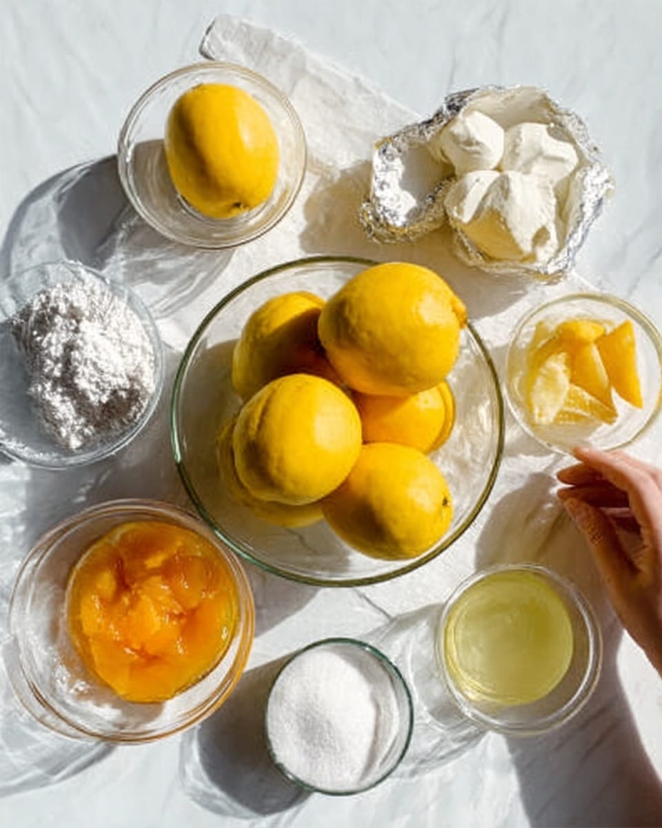 The image shows six bright yellow quinces in a clear glass bowl placed at the center on a white marbled surface. Around the bowl, there are five small clear bowls with different ingredients: white powder (likely flour) on top left, yellow butter in the middle top with a piece broken off, orange sliced peaches in syrup on the top right, white granulated sugar on the bottom left, and clear liquid egg whites in the middle bottom. A woman's hand is gently touching the glass bowl with quinces. The lighting is soft and natural, showing clear shadows and highlights. Photo taken with an iphone --ar 4:5 --v 7
