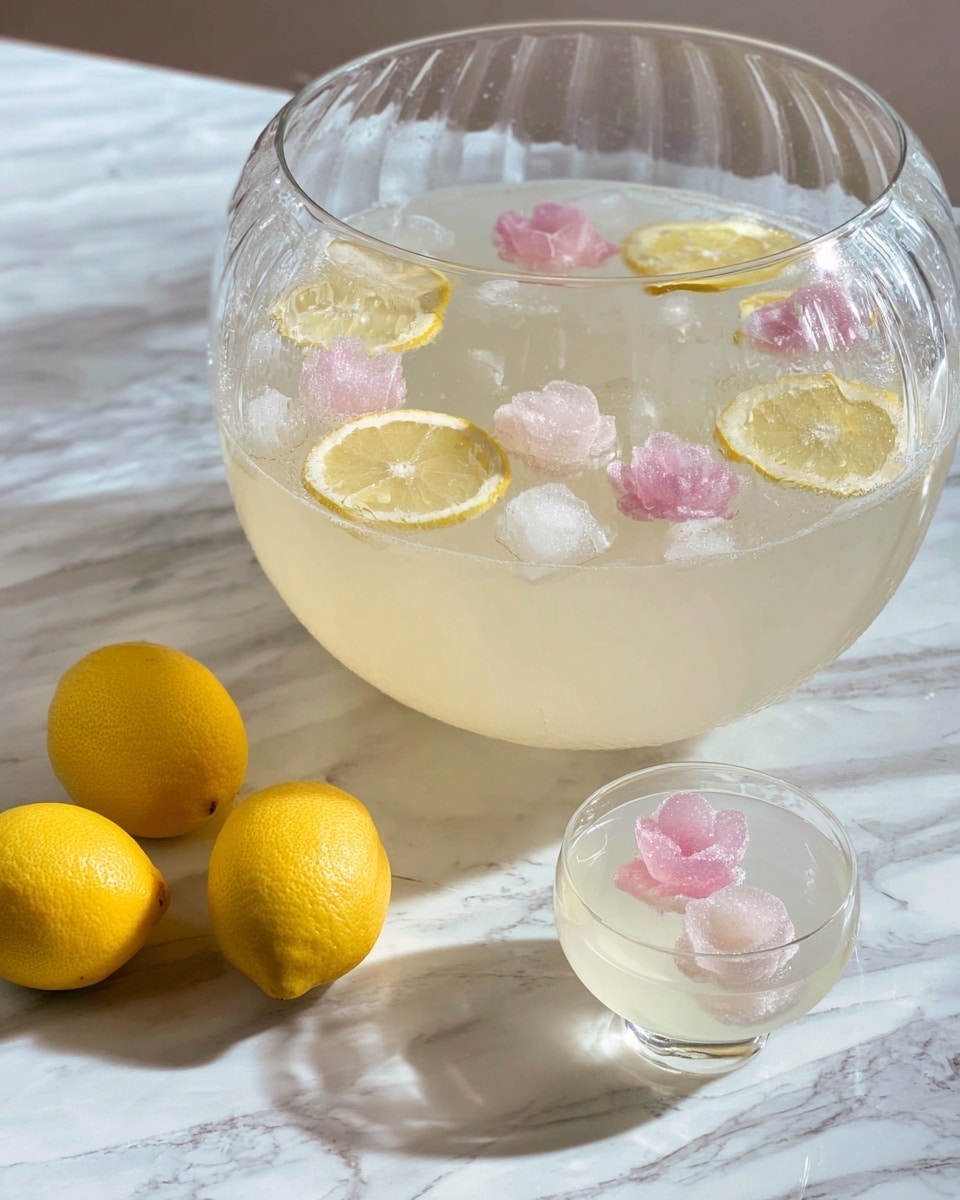 A large clear glass bowl filled with a pale yellow lemonade that looks smooth and light, with lemon slices floating on the top along with pink flower-shaped ice cubes. Next to it on a white marbled surface are two whole bright yellow lemons. A small clear glass sits near the bowl, partially filled with the same lemonade, and holds one pink flower-shaped ice cube and has a lemon slice on the rim. The scene is calm and fresh, showing cold drink ready to enjoy, photo taken with an iphone --ar 4:5 --v 7