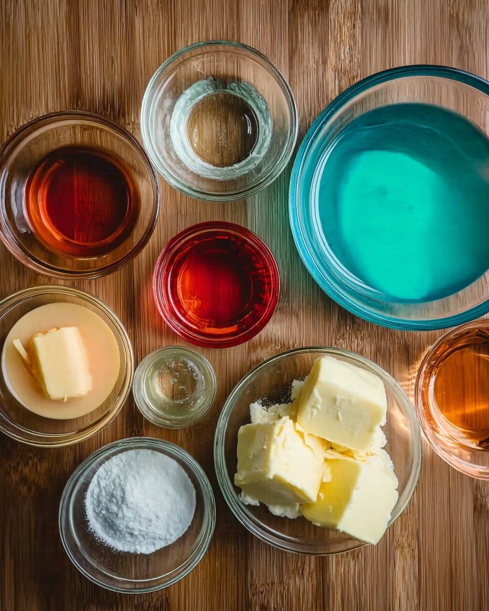 A top view of various clear glass bowls filled with different ingredients placed on a wooden surface. There is a large bowl on the right filled with a turquoise-blue liquid mixed with some cream-colored substance, and next to it is a bowl with large pieces of yellow butter. In the center is a bowl of white granulated sugar, surrounded by smaller bowls, some containing amber and red liquids, one with an orange liquid, another with a small amount of clear liquid, and another with a white powdery substance. The bowls vary in size and shape, all transparent, showing the colors and textures of the ingredients inside. photo taken with an iphone --ar 4:5 --v 7