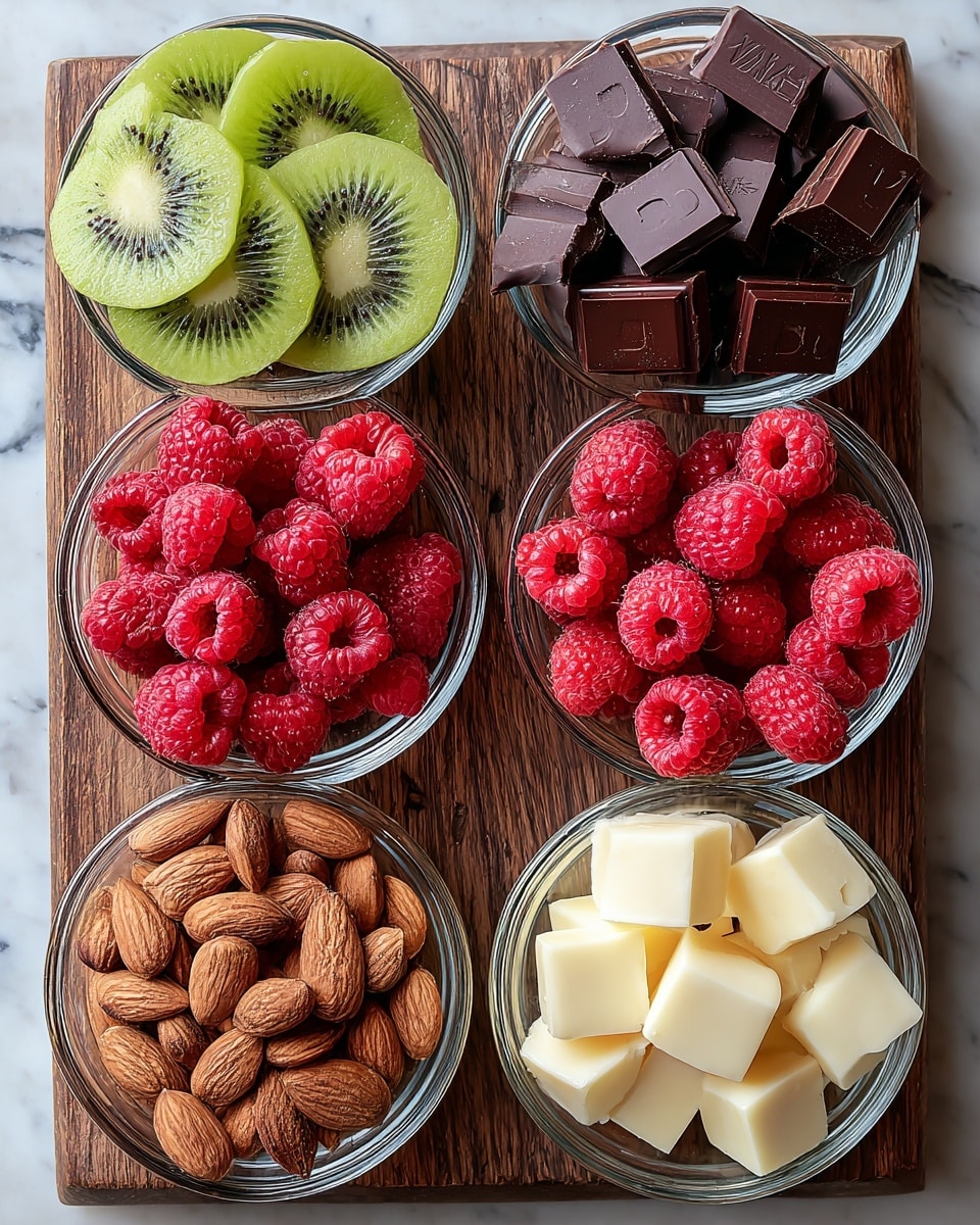 Nine small clear glass bowls sit on a wooden board arranged in three rows of three, each bowl filled with different colorful food items. In the top row from left to right are thinly sliced bright green kiwi rounds with dark seeds, small uneven white cheese cubes with some rough edges, and a bowl full of fresh, bright red raspberries showing bumpy textures. The middle row has chunks of dark brown chocolate, more square pieces of dark chocolate stacked inside a bowl, and again a bowl full of red raspberries. The bottom row contains medium brown whole almonds filling a bowl, pale yellow cheese cubes with smooth surfaces filling another bowl, and one more bowl of red raspberries. The background is a white marbled texture. photo taken with an iphone --ar 4:5 --v 7