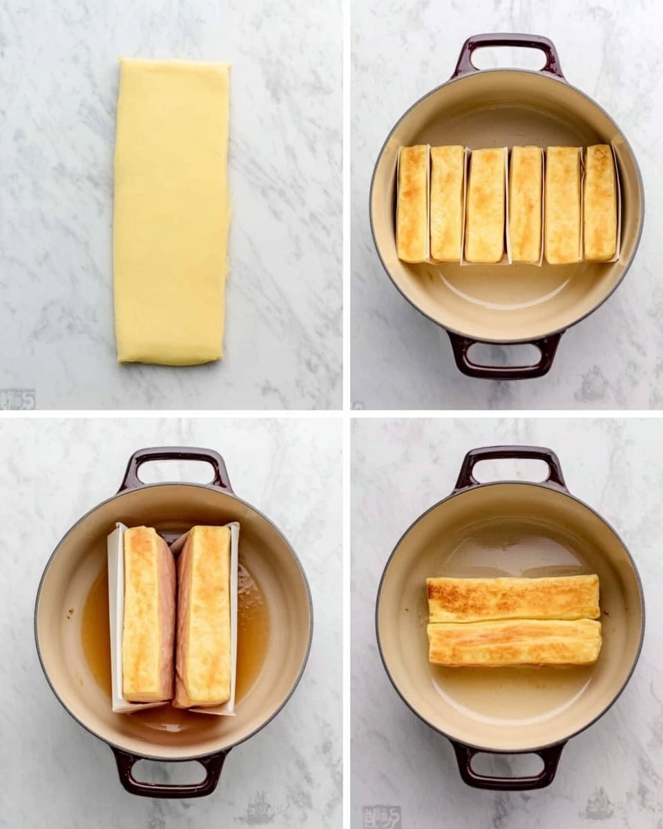 The image shows four steps of cooking wrapped food in a small white pot on a white marbled surface. The first step is a rectangular dough piece with smooth pale yellow color lying flat. The second step shows the same dough cut into eight equal smaller rectangles with straight brown lines on top. The third step shows two of those rectangles folded and placed inside the white pot with a pinkish inner color. The fourth step shows the dough rectangles browned with a smooth shiny golden surface inside the pot. The pot has dark handles and some liquid surrounding the dough inside. Photo taken with an iphone --ar 4:5 --v 7